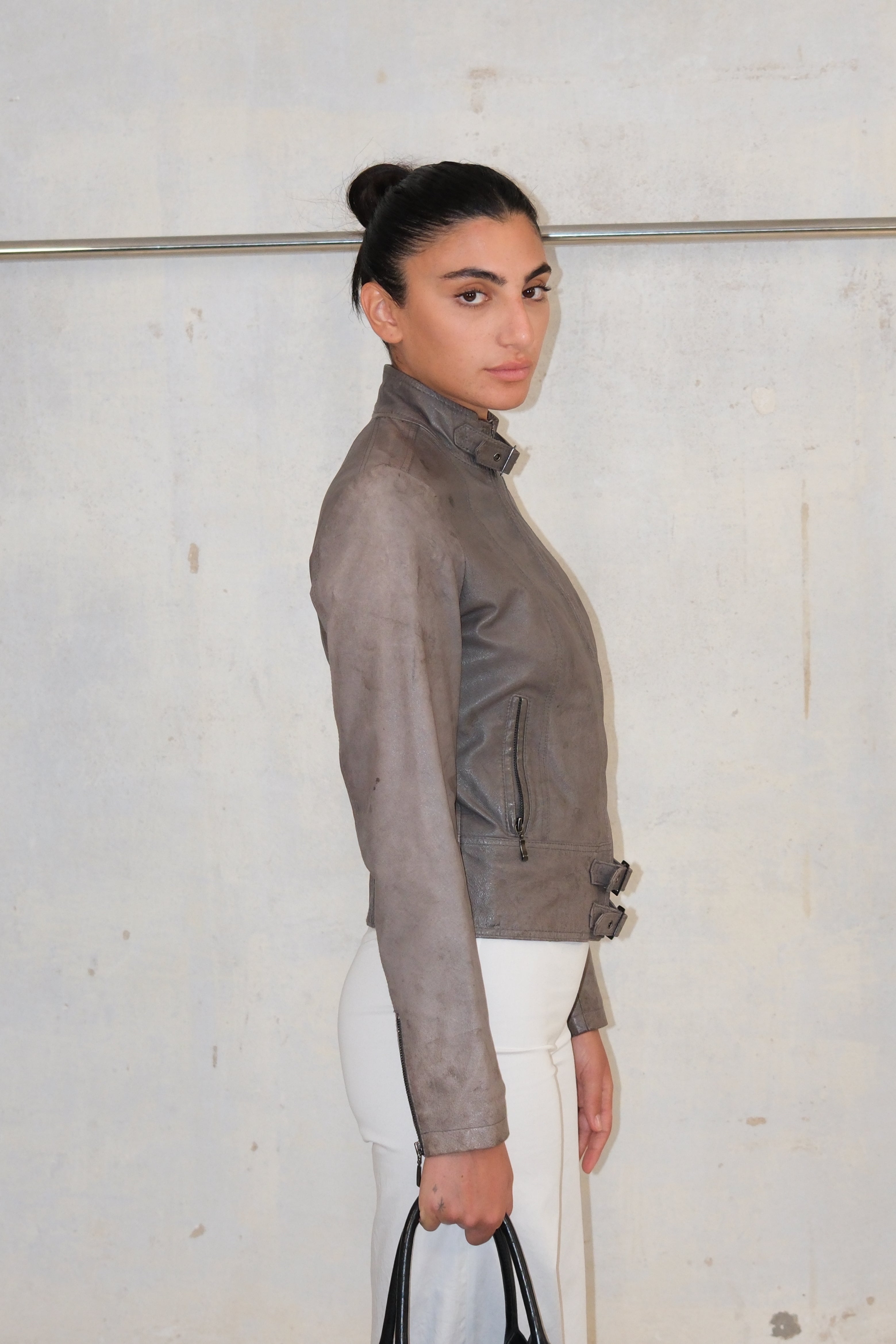 Gray Leather Jacket With Zippers