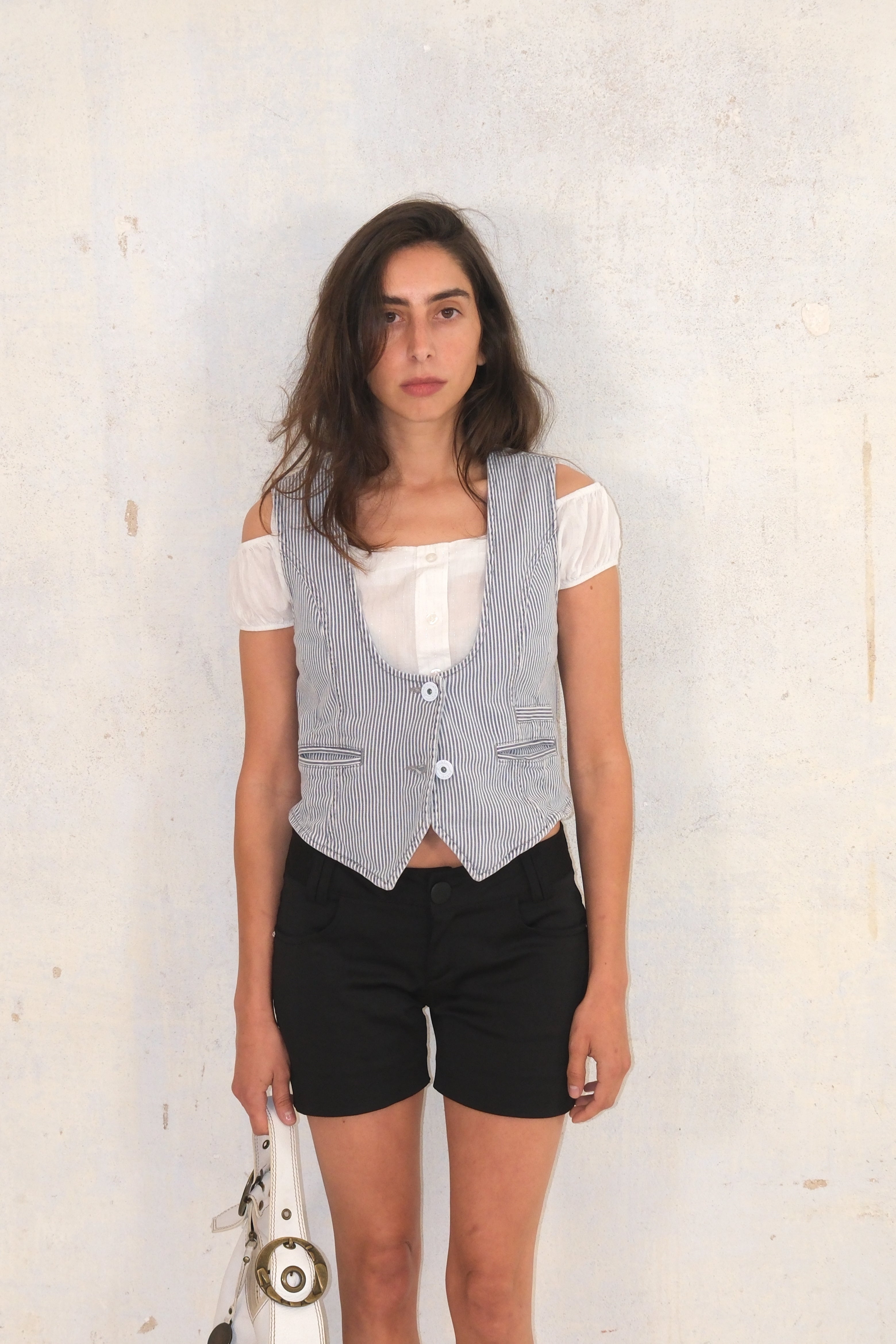 White Off-Shoulder Top With Silver Stripes