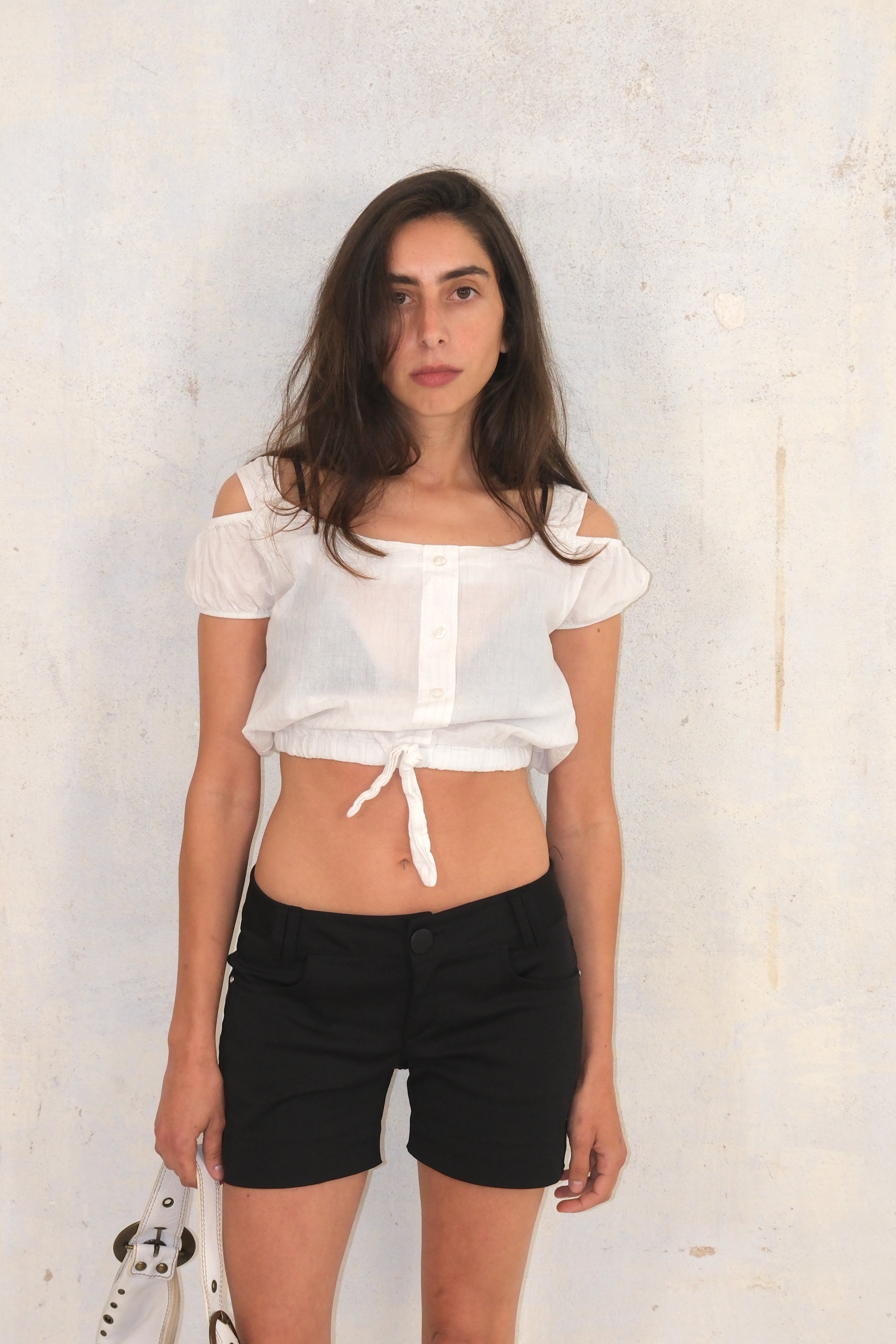 White Off-Shoulder Top With Silver Stripes