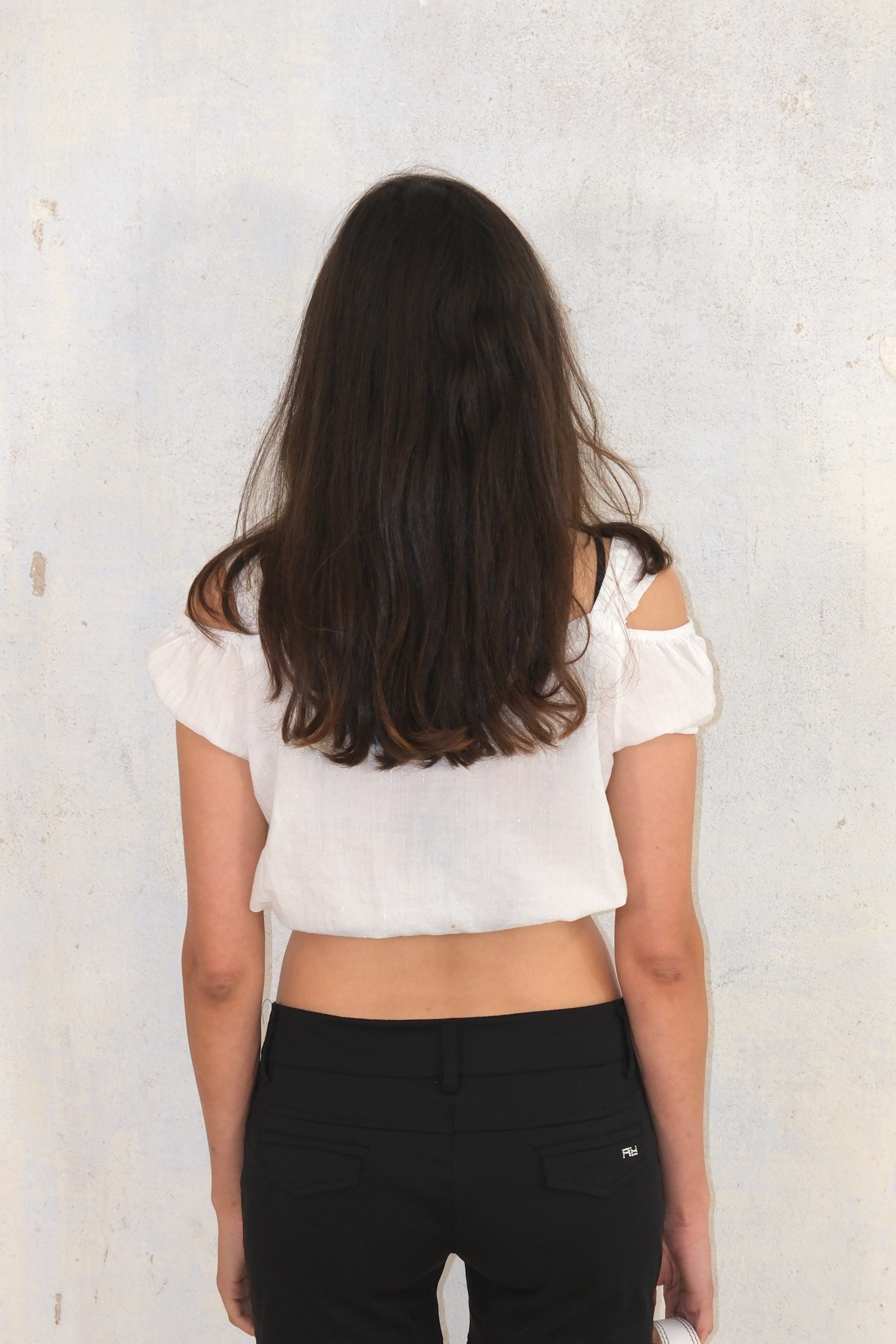 White Off-Shoulder Top With Silver Stripes