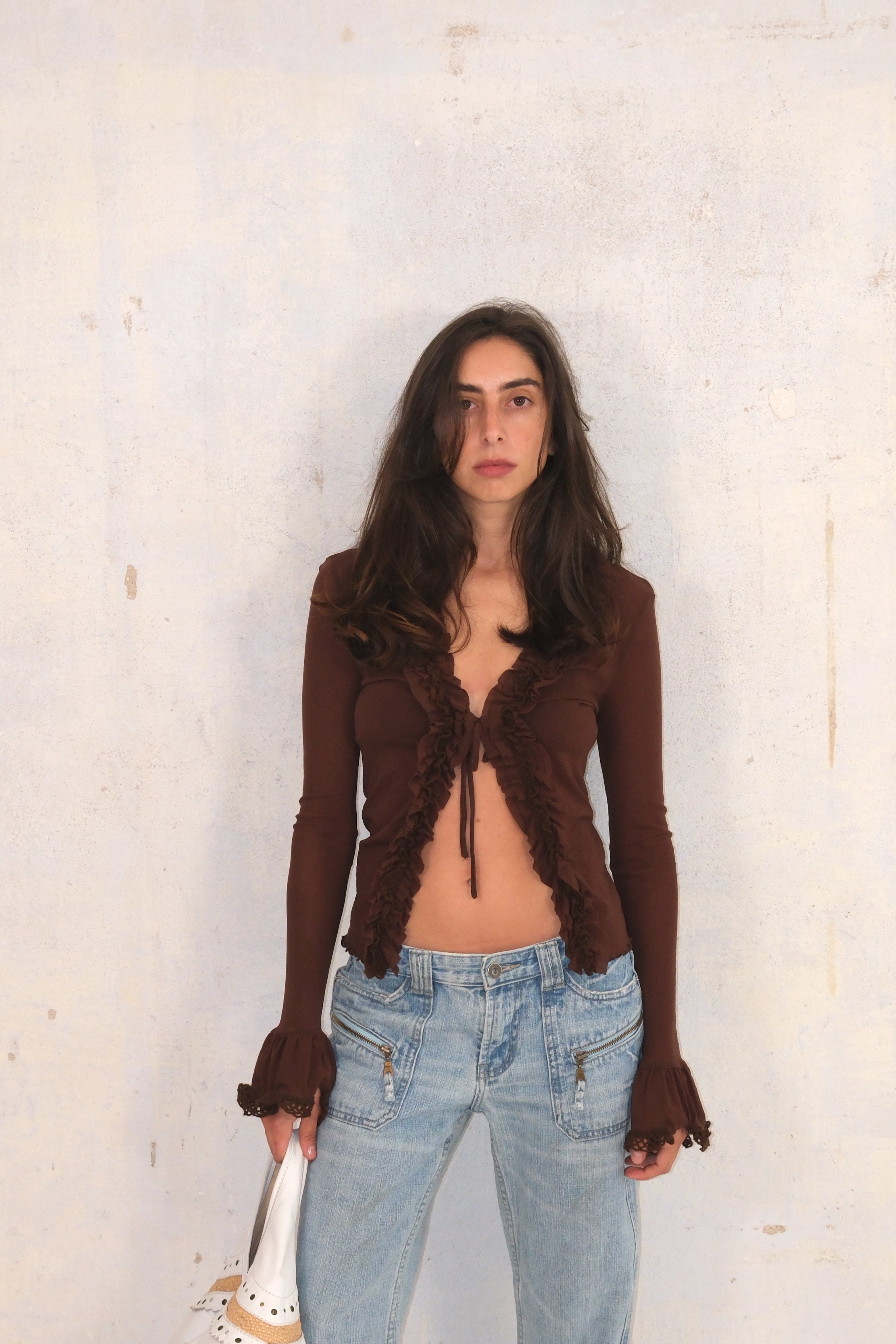 Brown Tie-Front Cardigan With Ruffle Detail