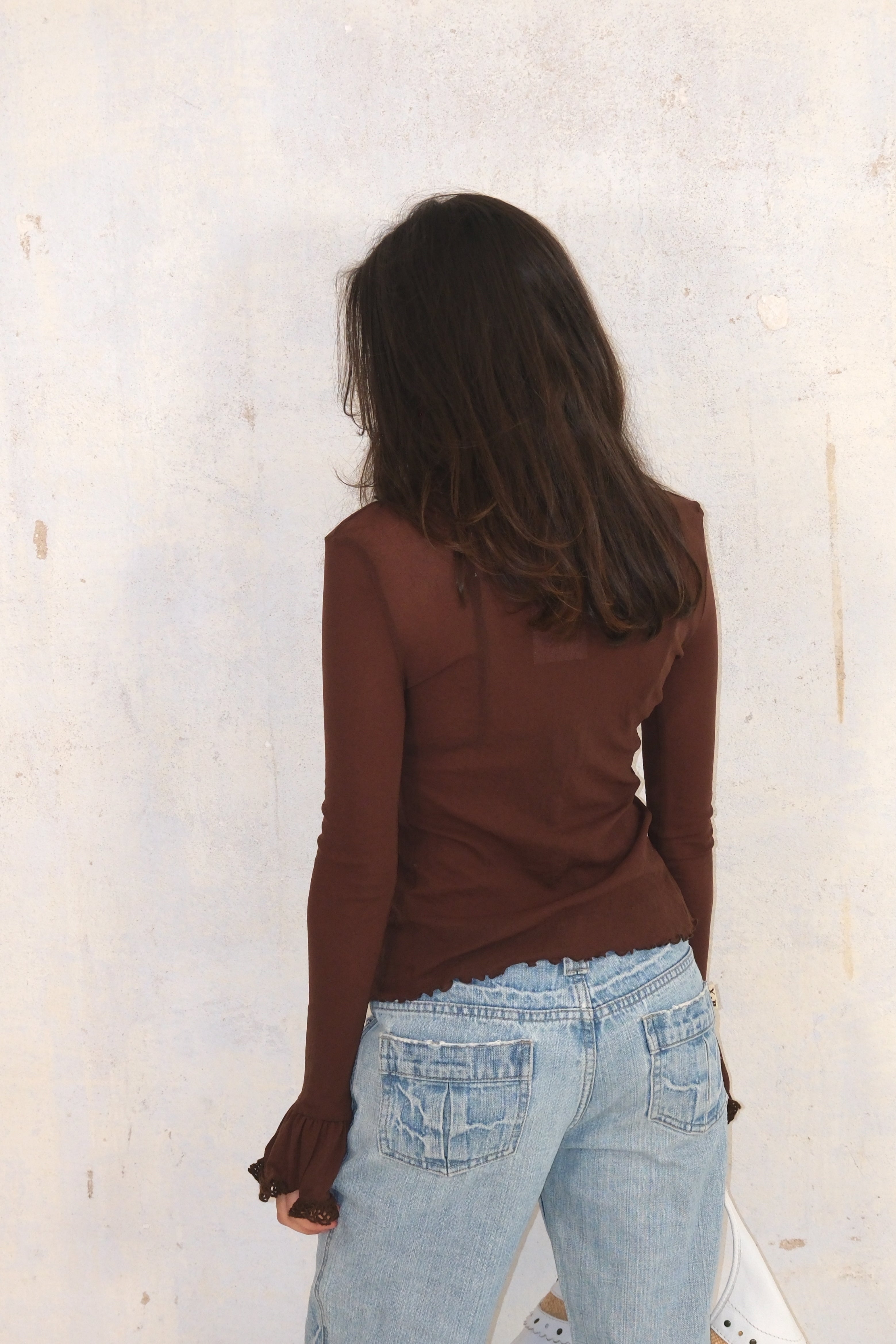 Brown Tie-Front Cardigan With Ruffle Detail