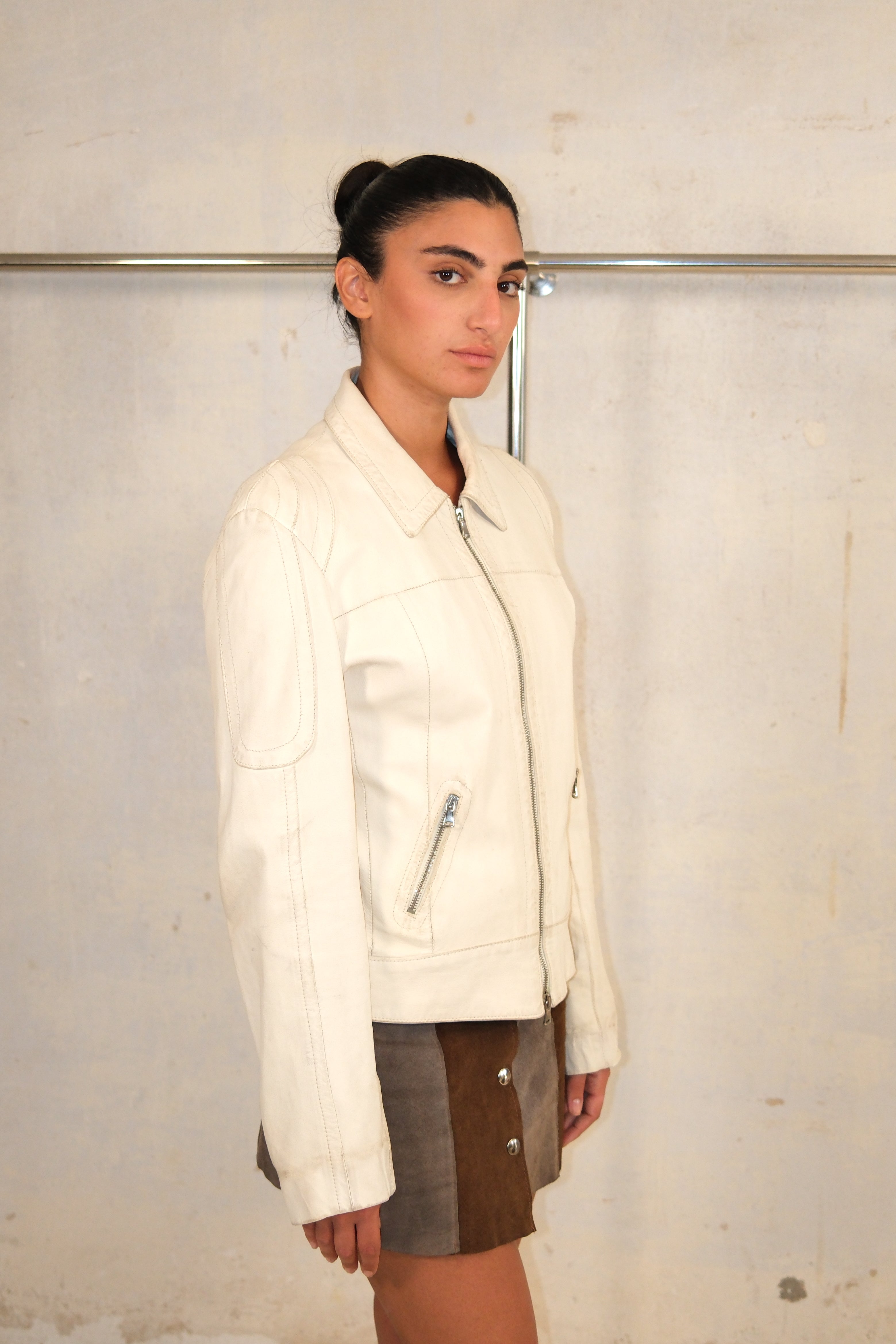 Cream-White Leather Jacket With Stitching