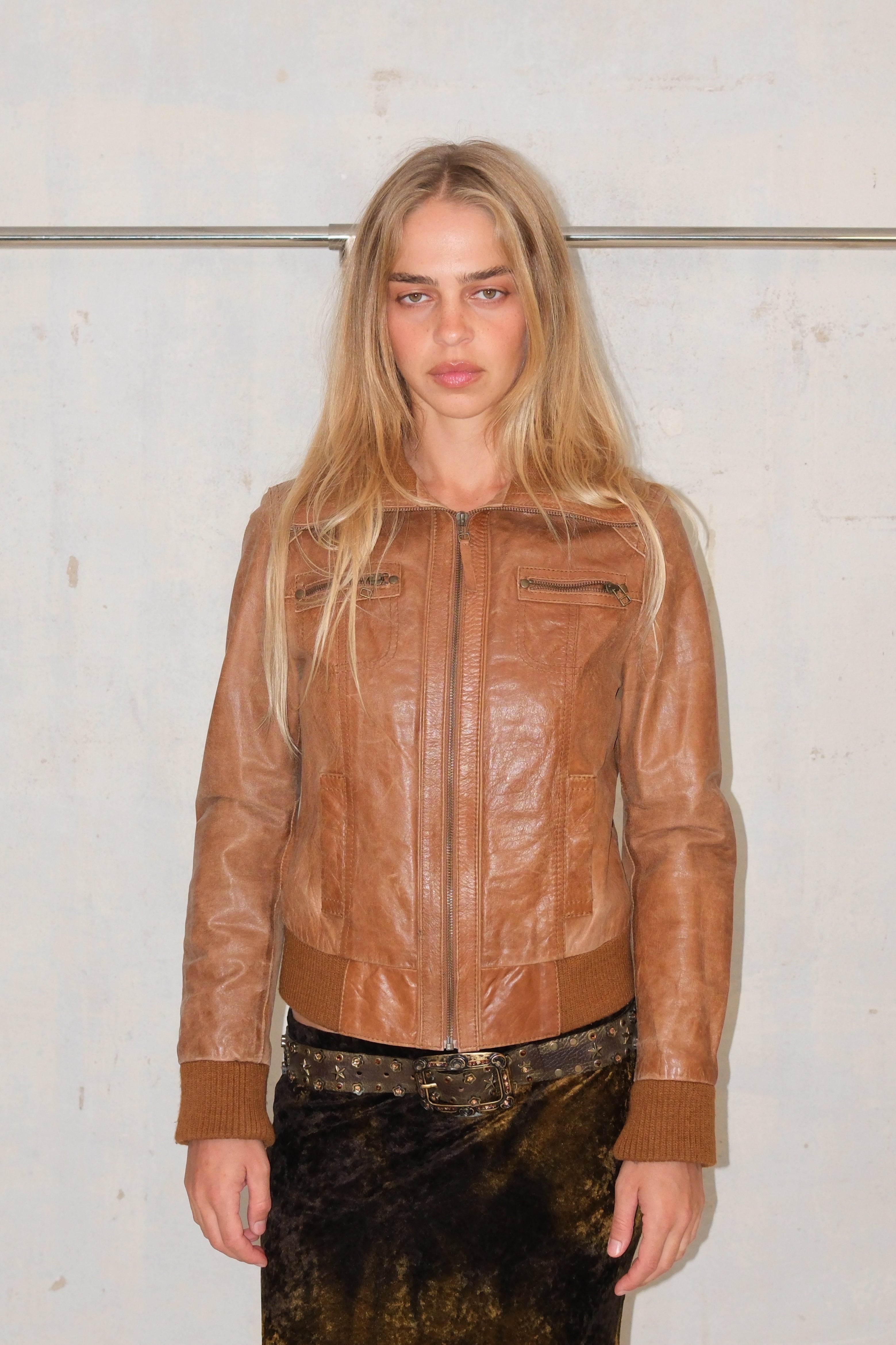 Camel Brown Calfskin Leather Crop Jacket