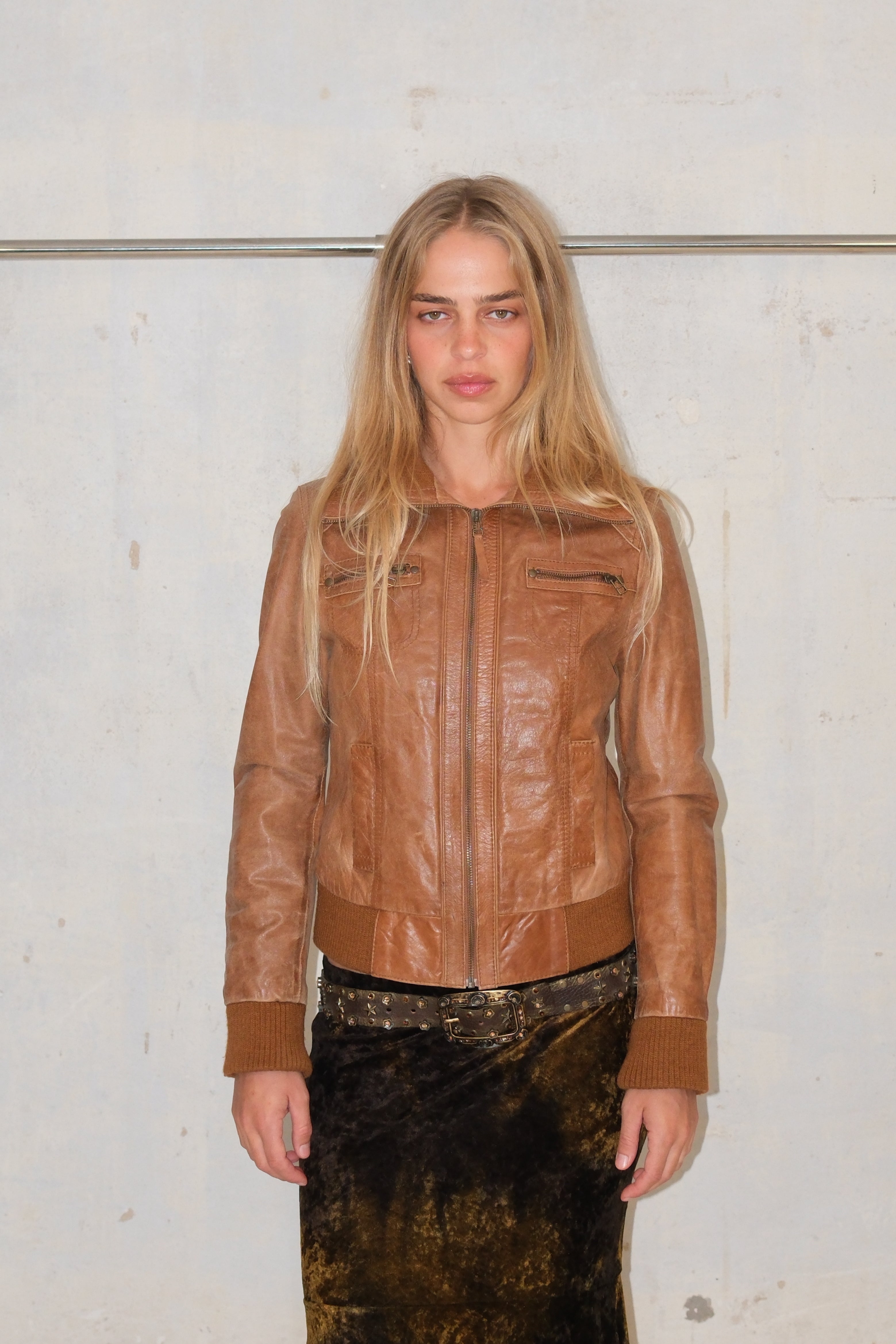 Camel Brown Calfskin Leather Crop Jacket