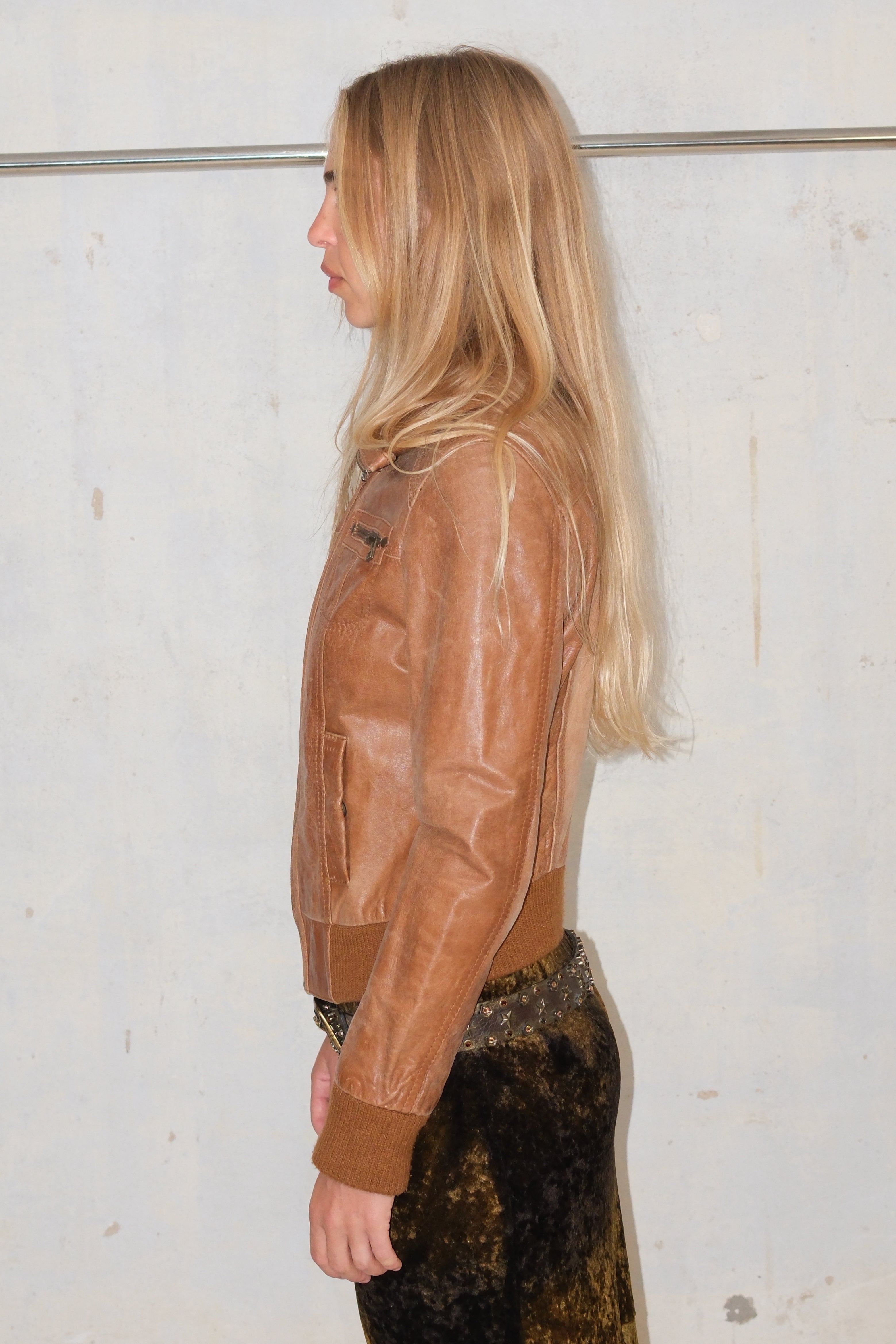 Camel Brown Calfskin Leather Crop Jacket