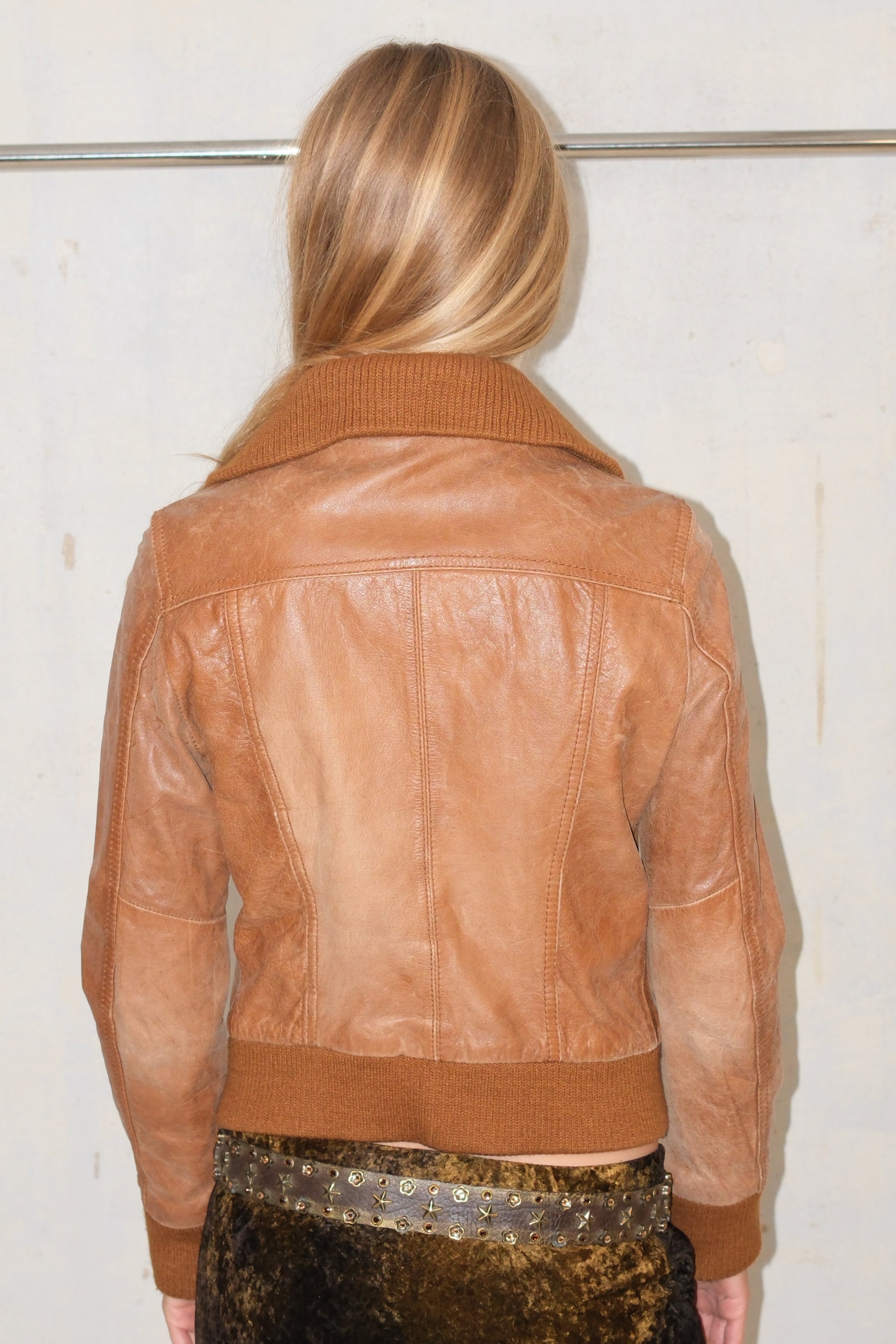 Camel Brown Calfskin Leather Crop Jacket