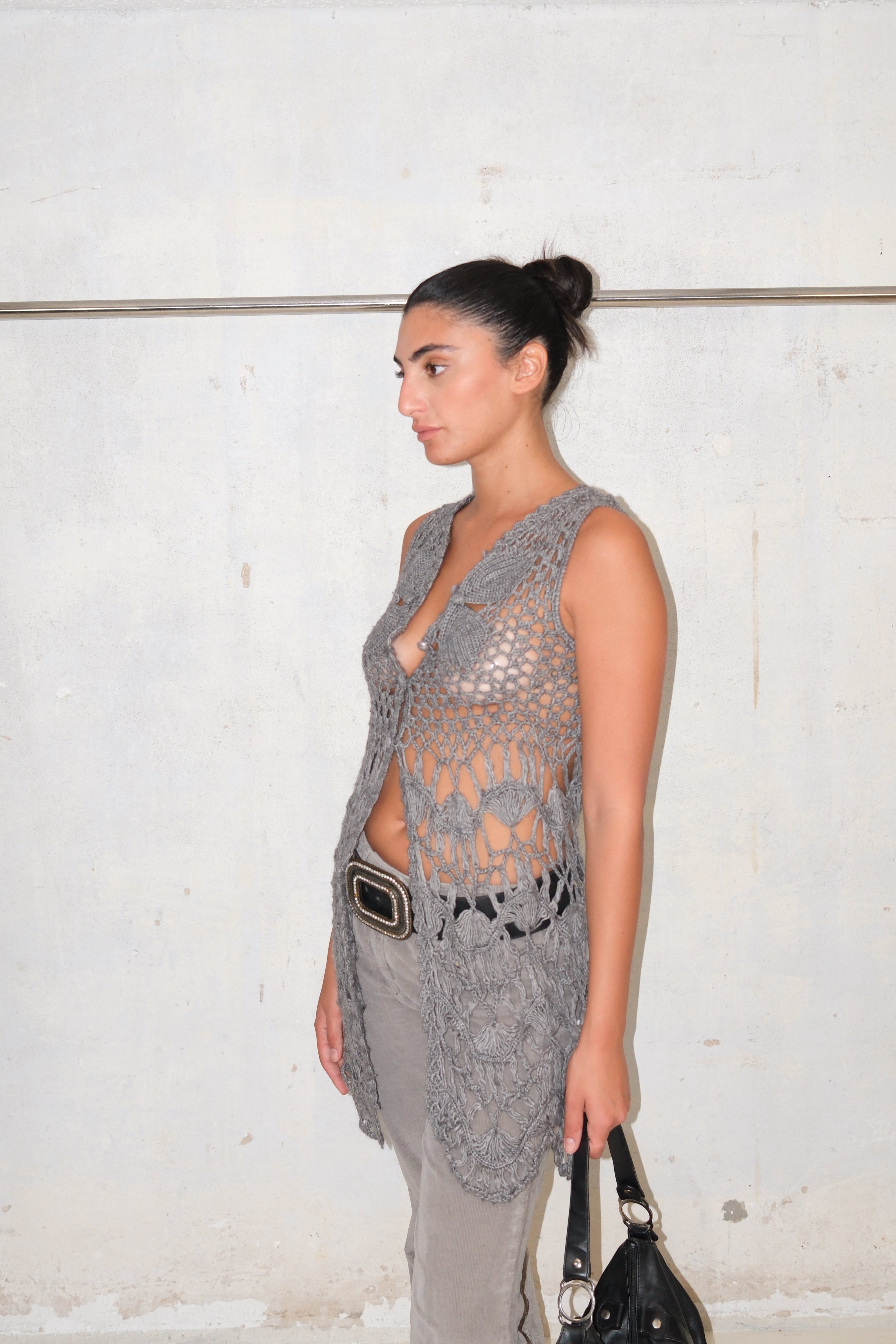 LONG KNITTED VEST WITH SILVER BUTTONS