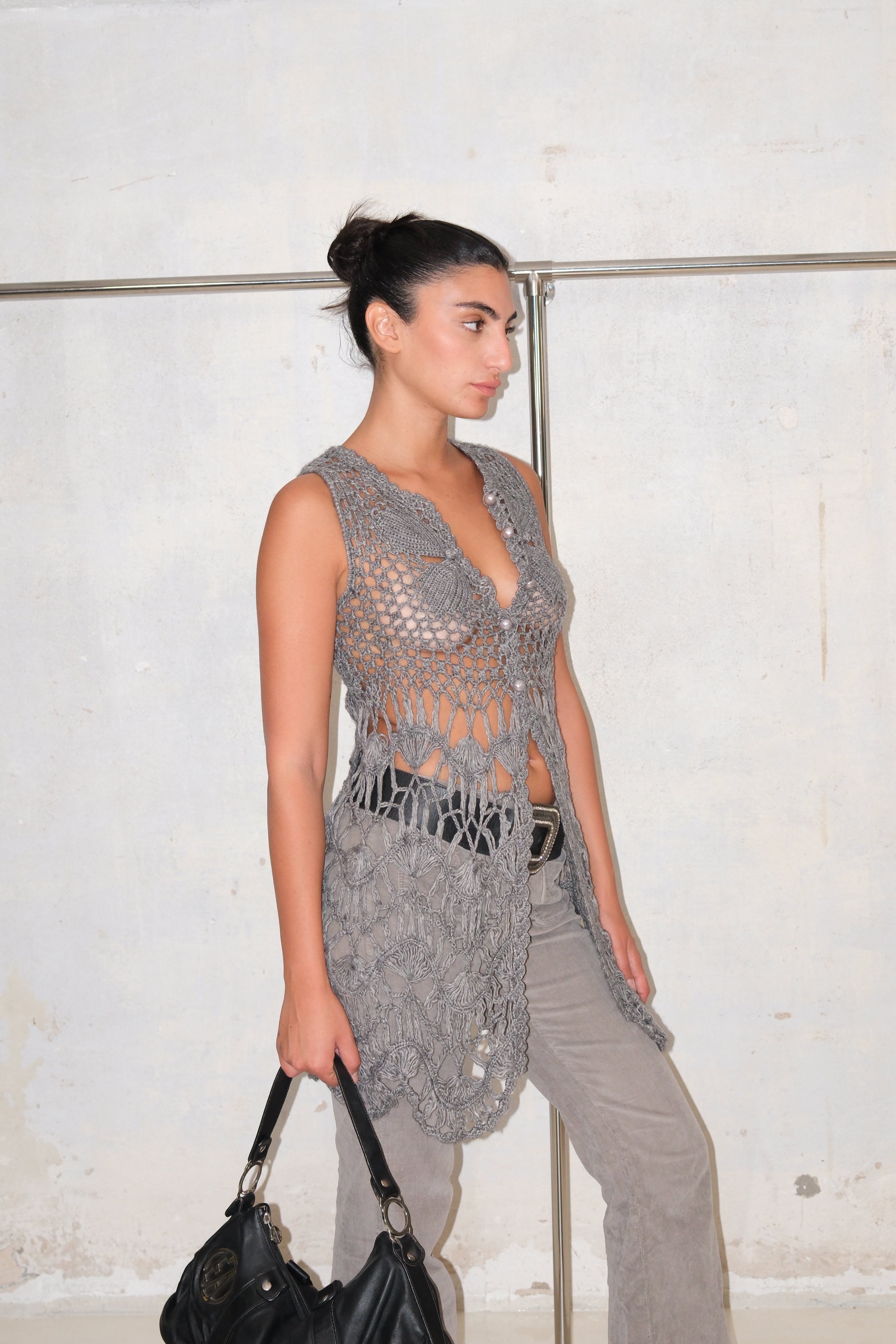 LONG KNITTED VEST WITH SILVER BUTTONS