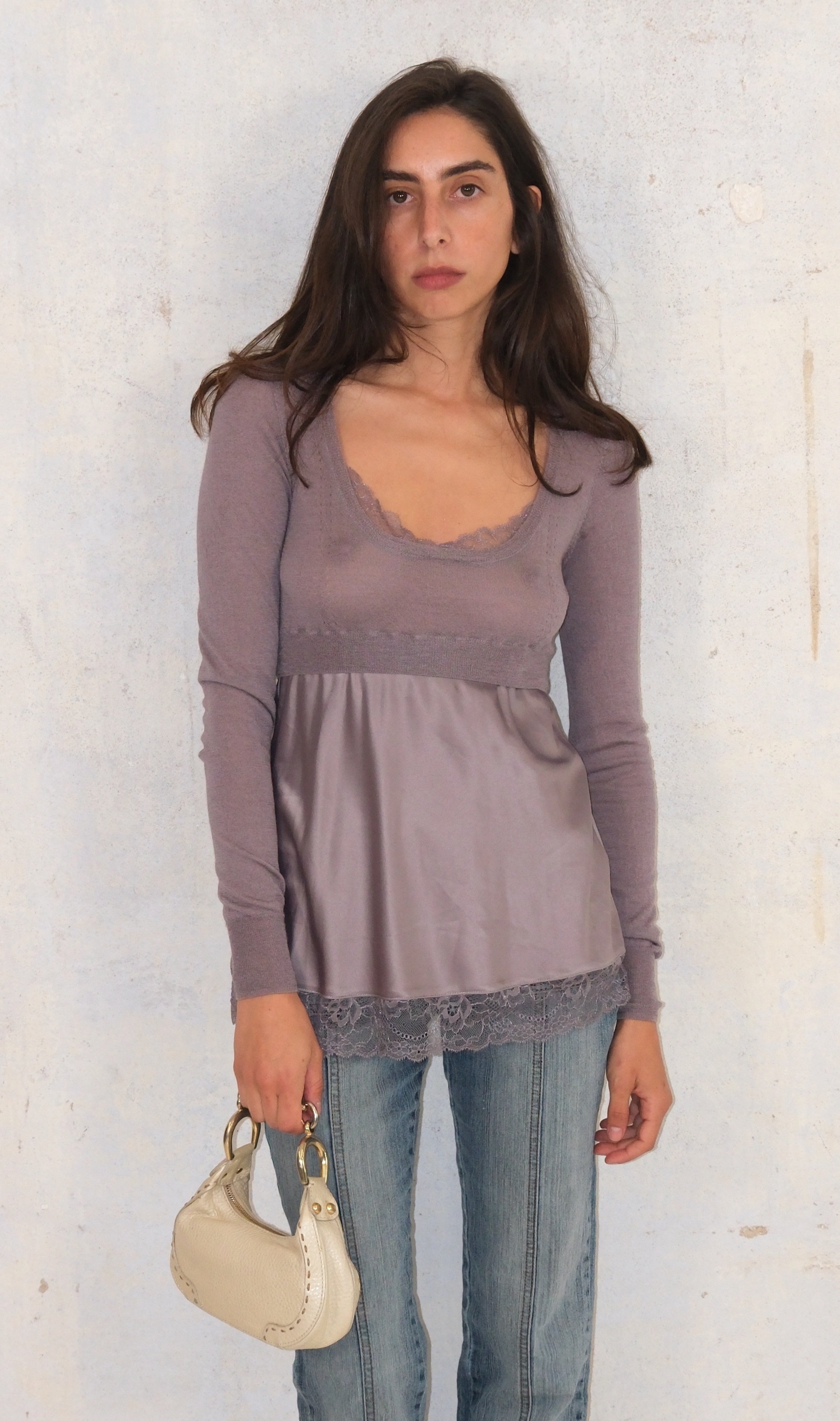 Liu JO Sheer Lilac Long Sleeve Shirt With Lace Trim
