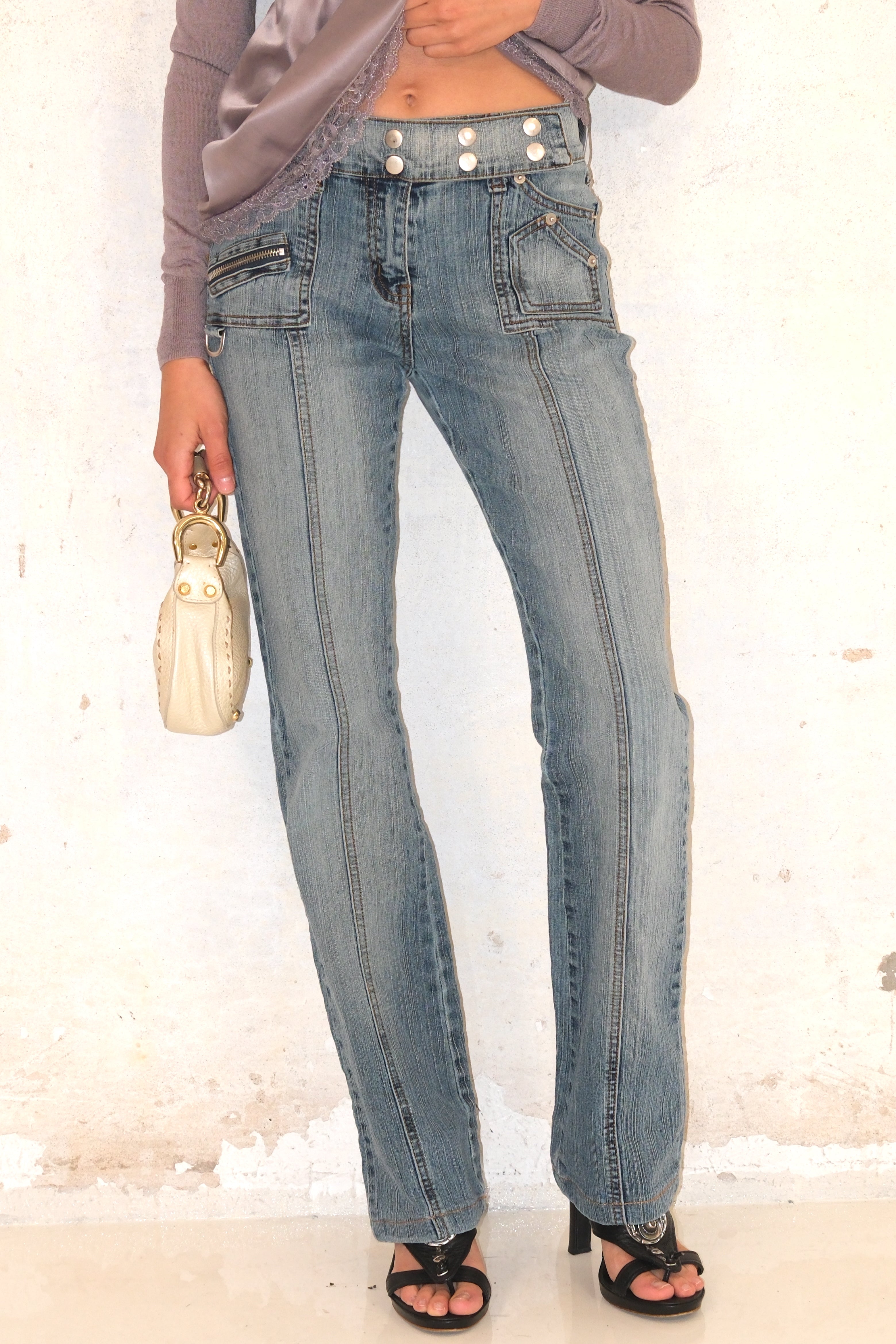 Low-Rise Long Jeans With Studs And Stitching Size 34-36