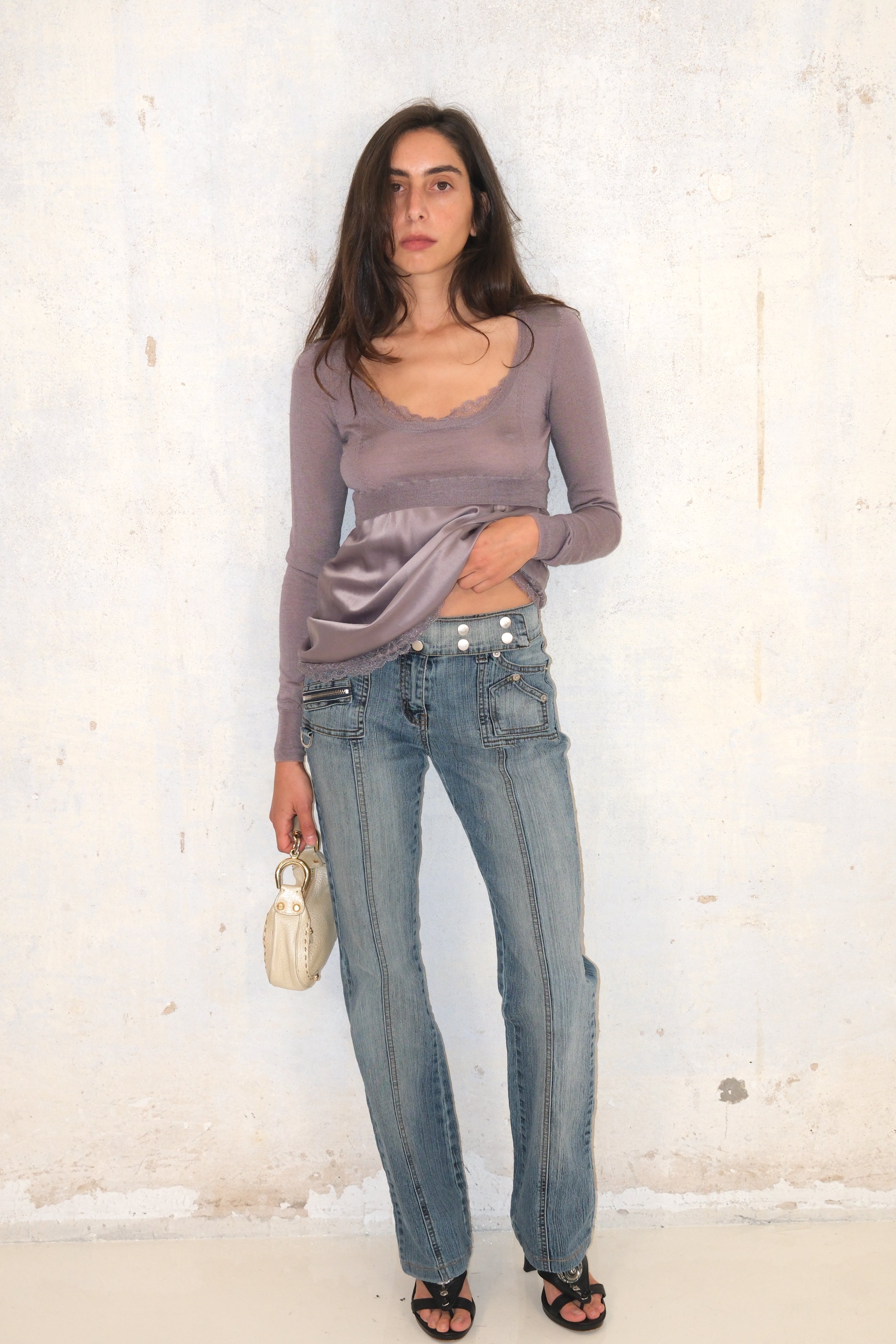 Low-Rise Long Jeans With Studs And Stitching Size 34-36