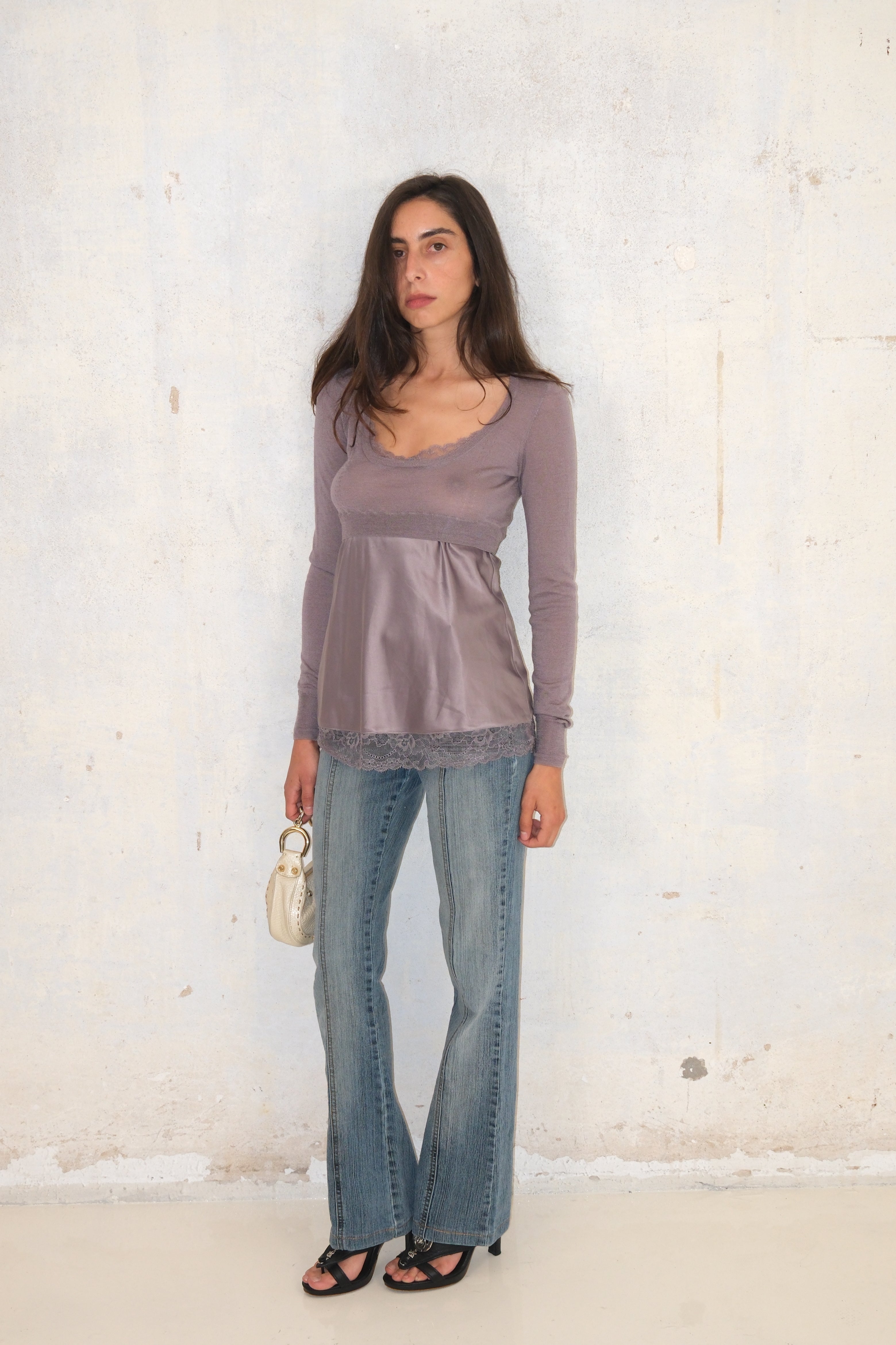Liu JO Sheer Lilac Long Sleeve Shirt With Lace Trim