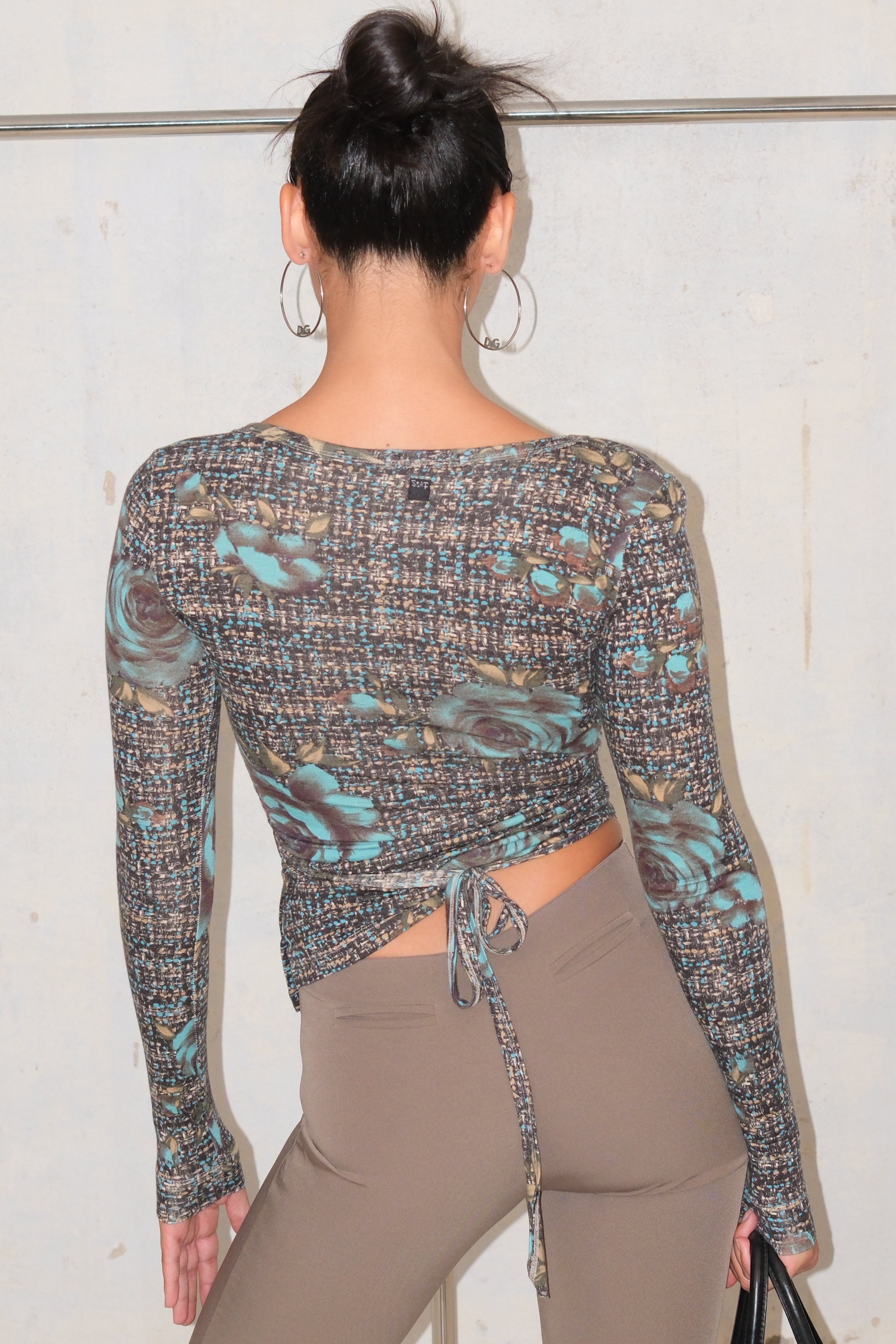 Printed Wrap Jersey Top With Silver Flower Detail