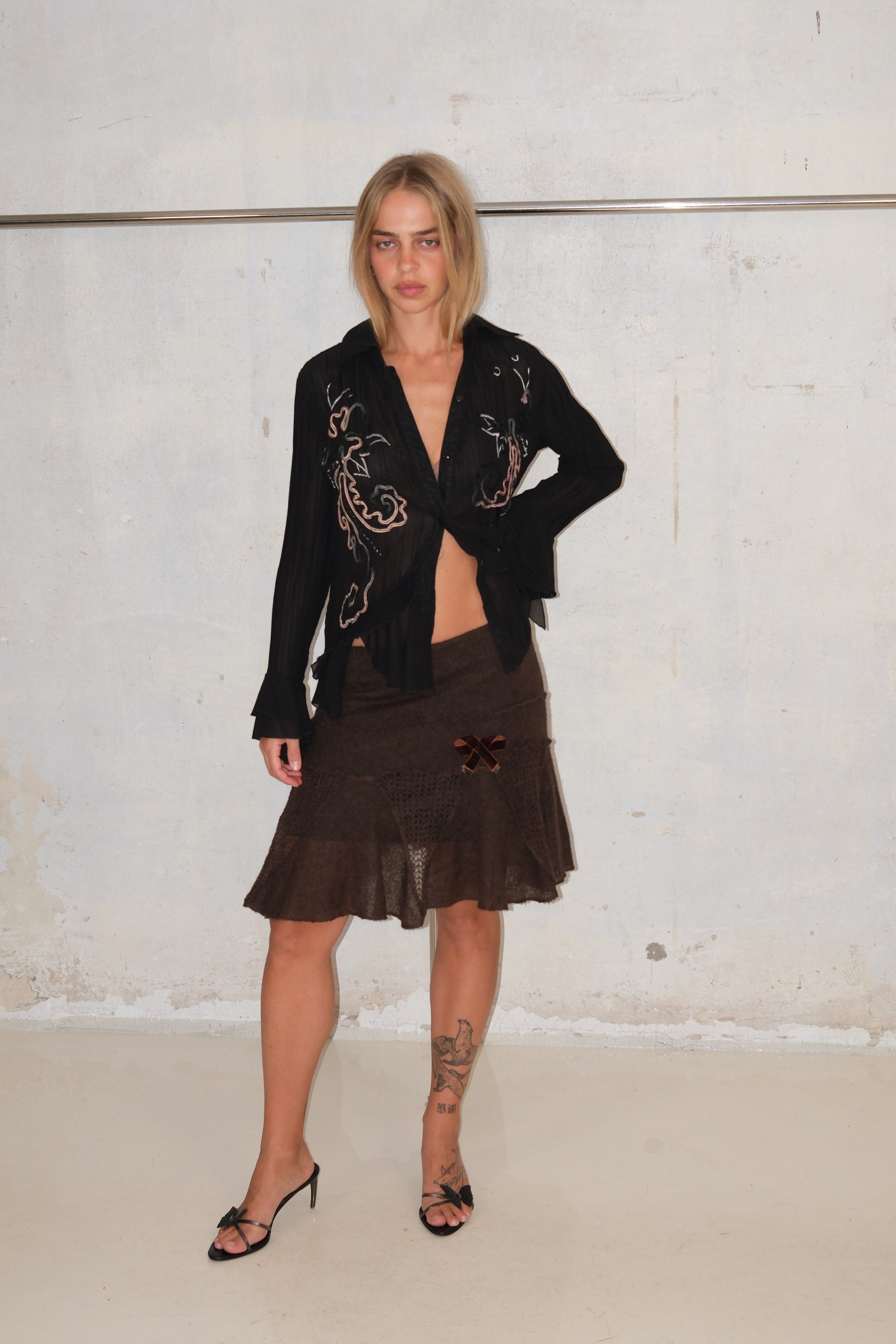 Black Button-Down Shirt With Embellishments And Ruffle