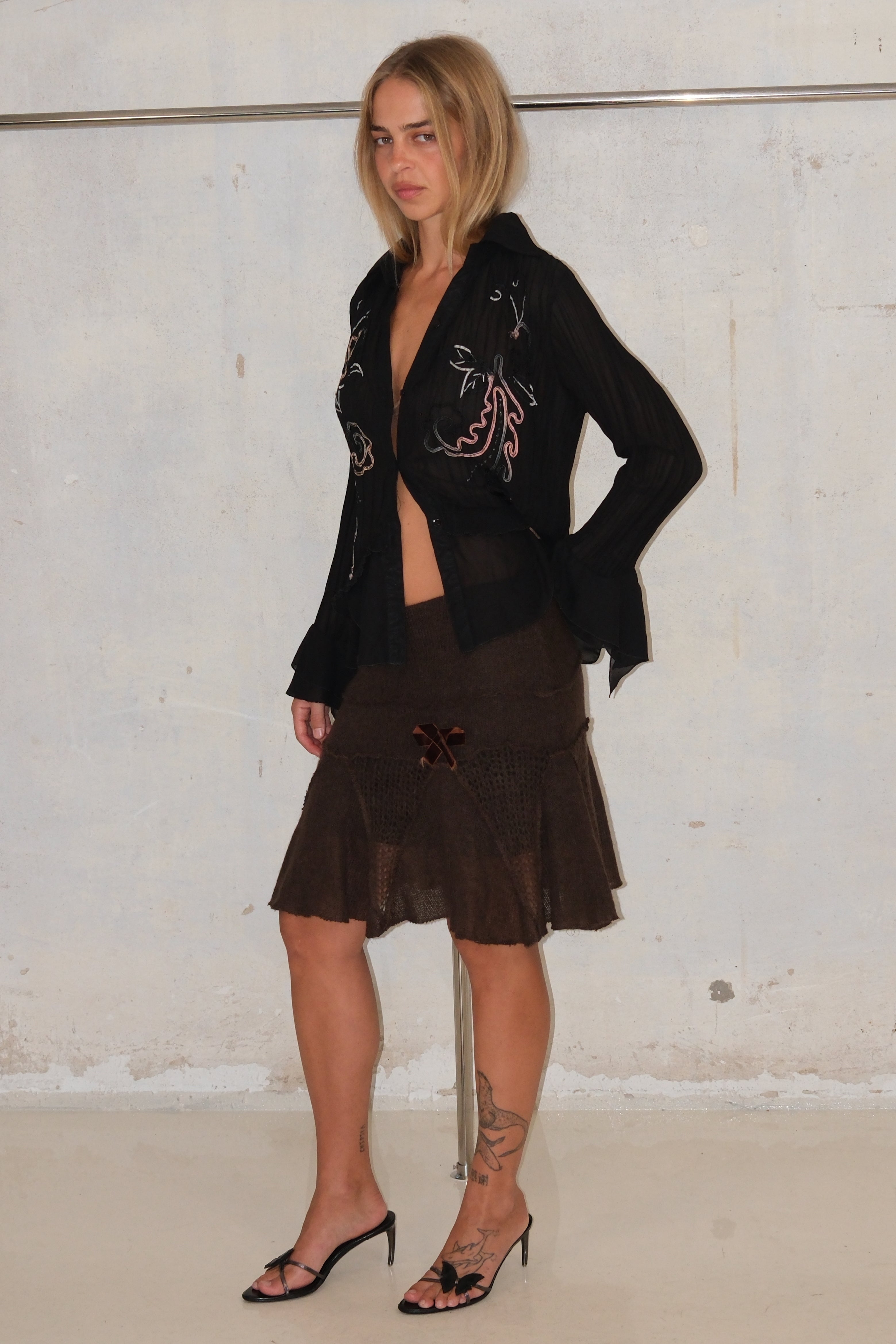 Brown Knit Midi Skirt With Brown Bow Tie