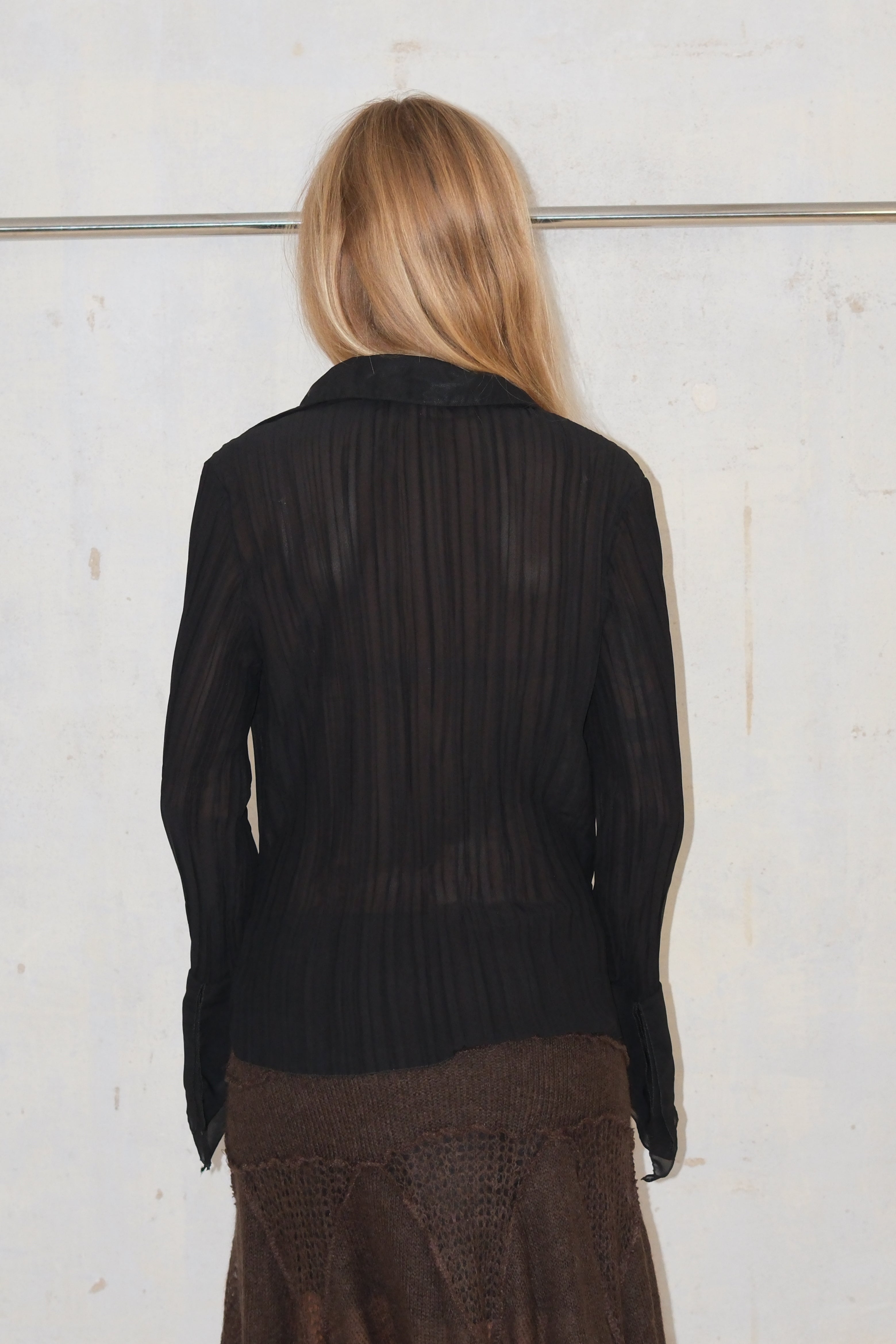 Black Button-Down Shirt With Embellishments And Ruffle