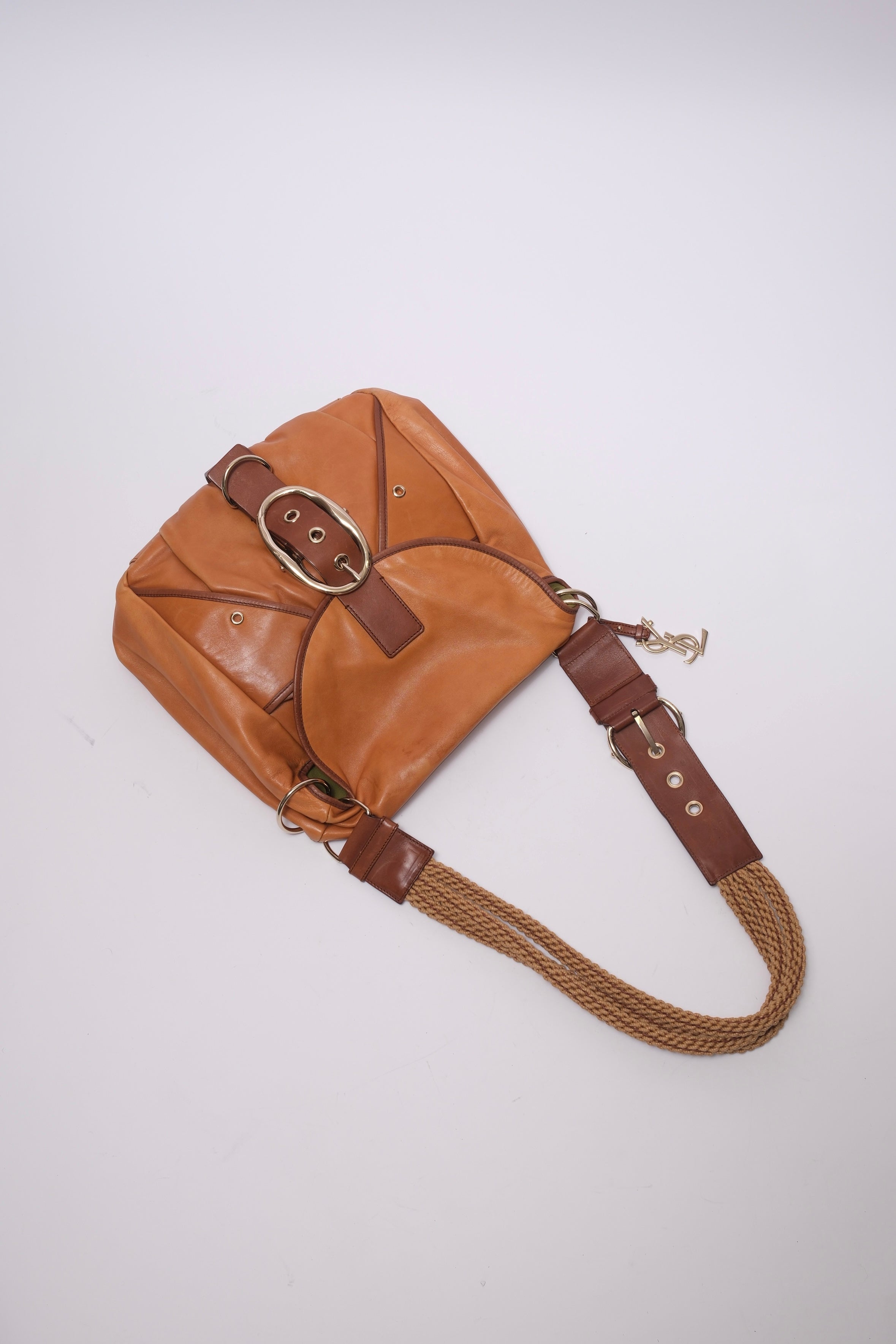 YSL long strap crossbody leather bag with straw strap and gold metals