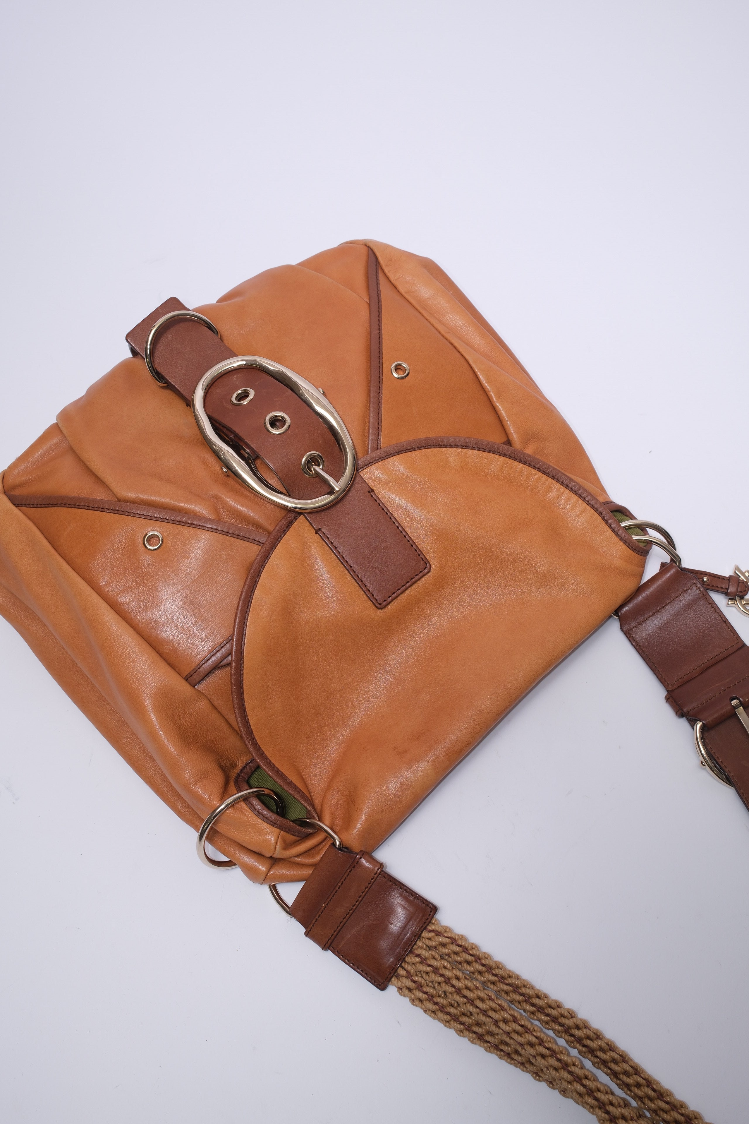 YSL long strap crossbody leather bag with straw strap and gold metals
