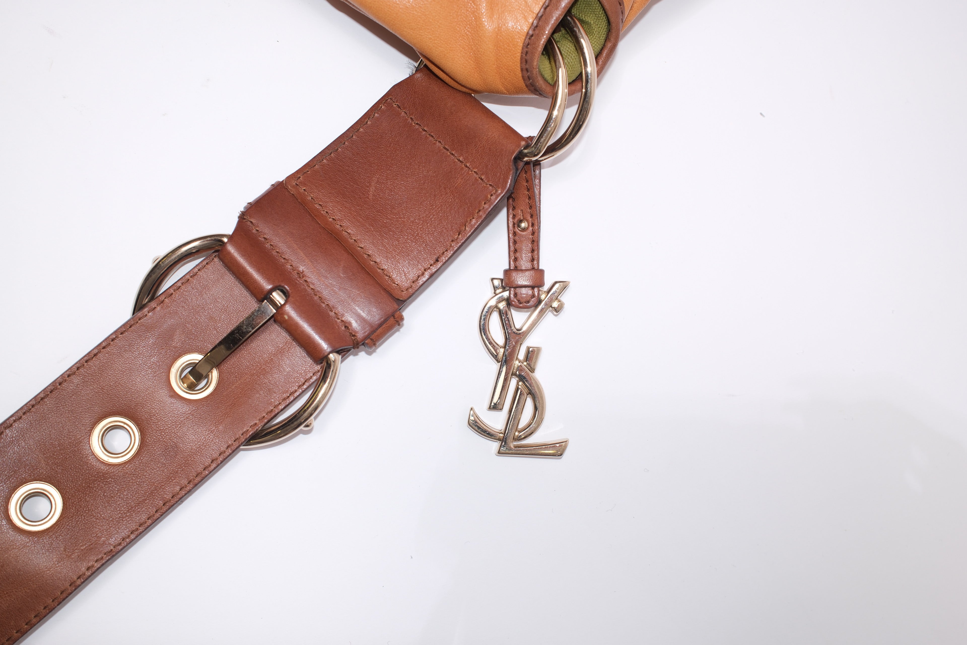 YSL long strap crossbody leather bag with straw strap and gold metals