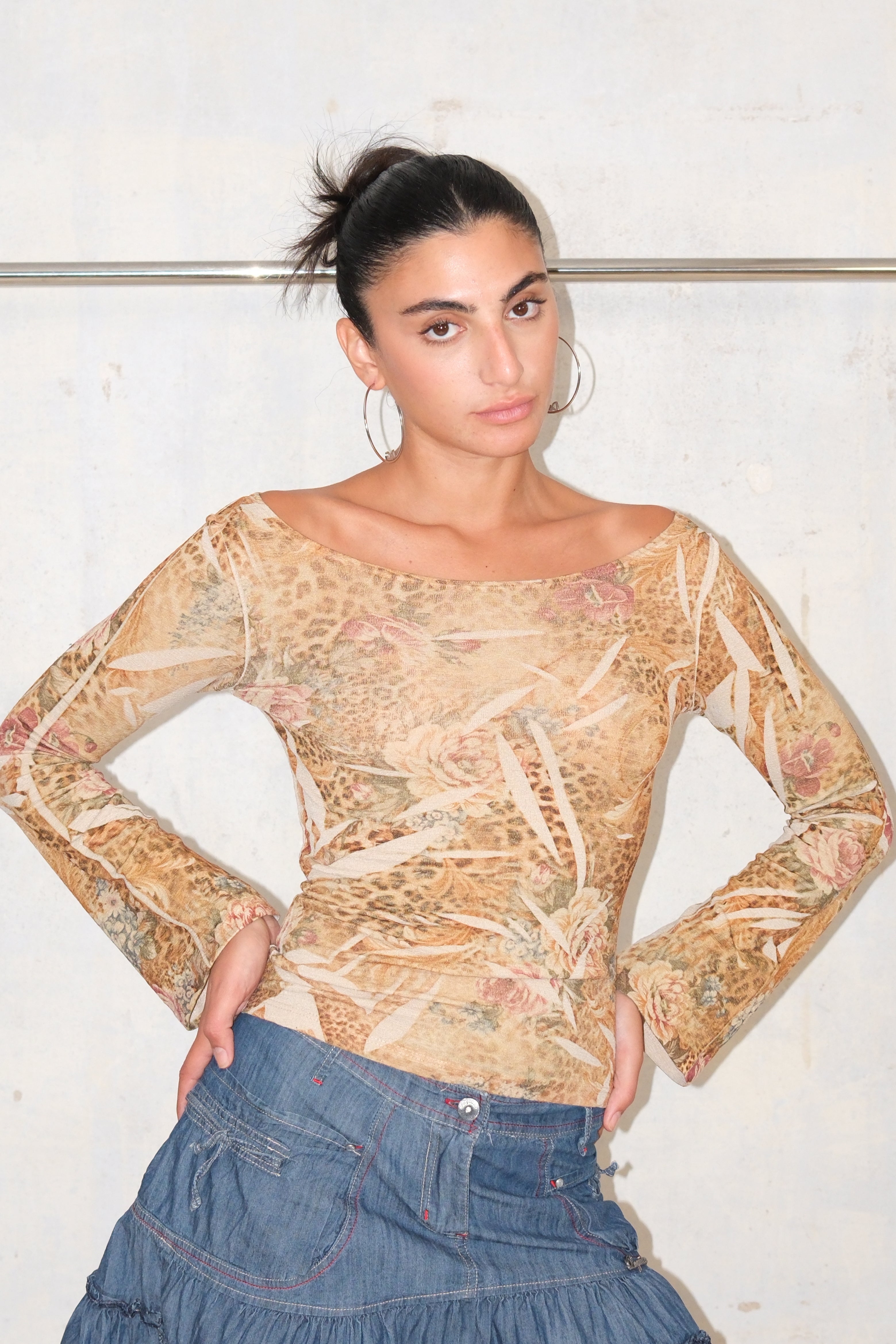 Leopard & Flowers Printed Long Sleeve Top