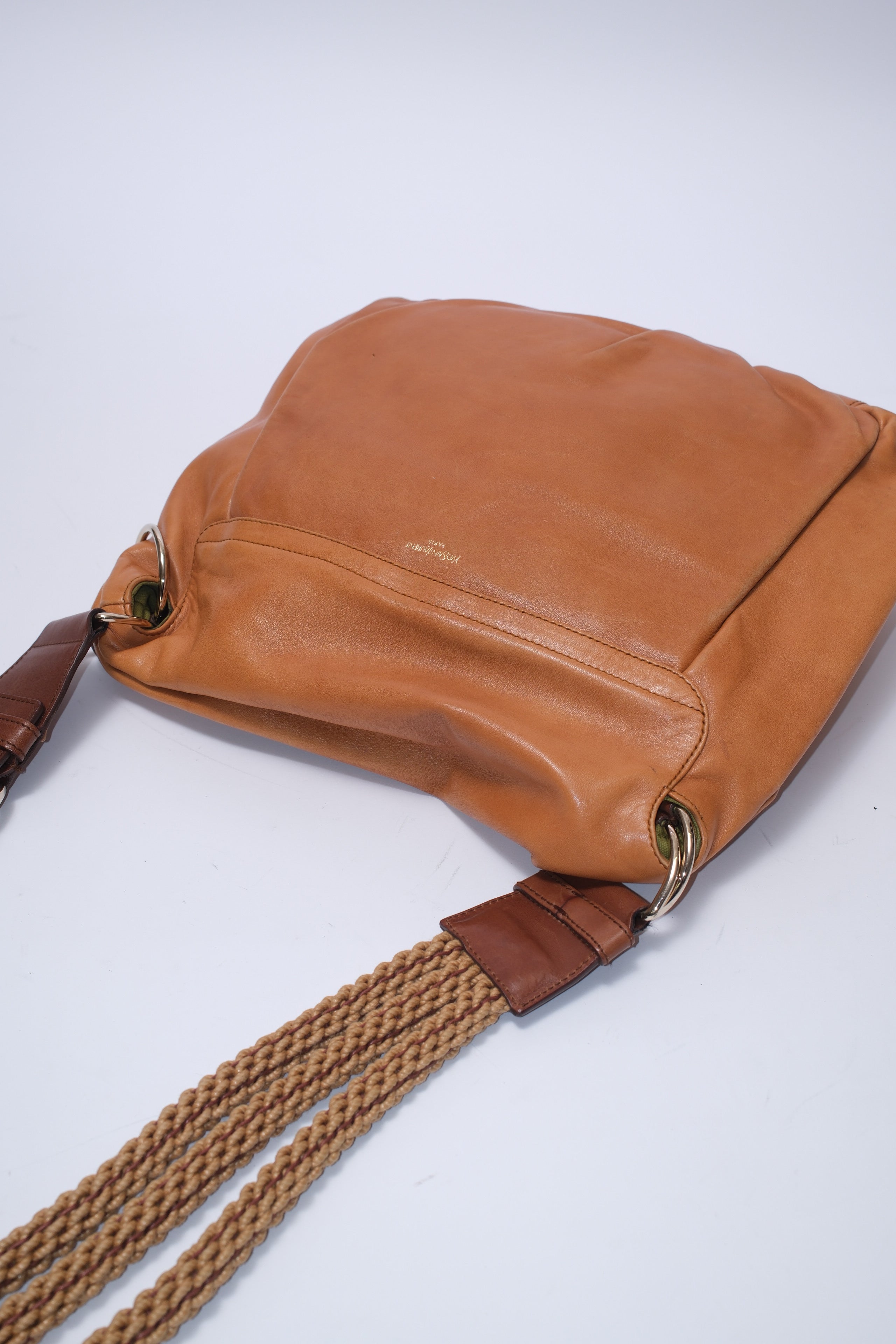 YSL long strap crossbody leather bag with straw strap and gold metals