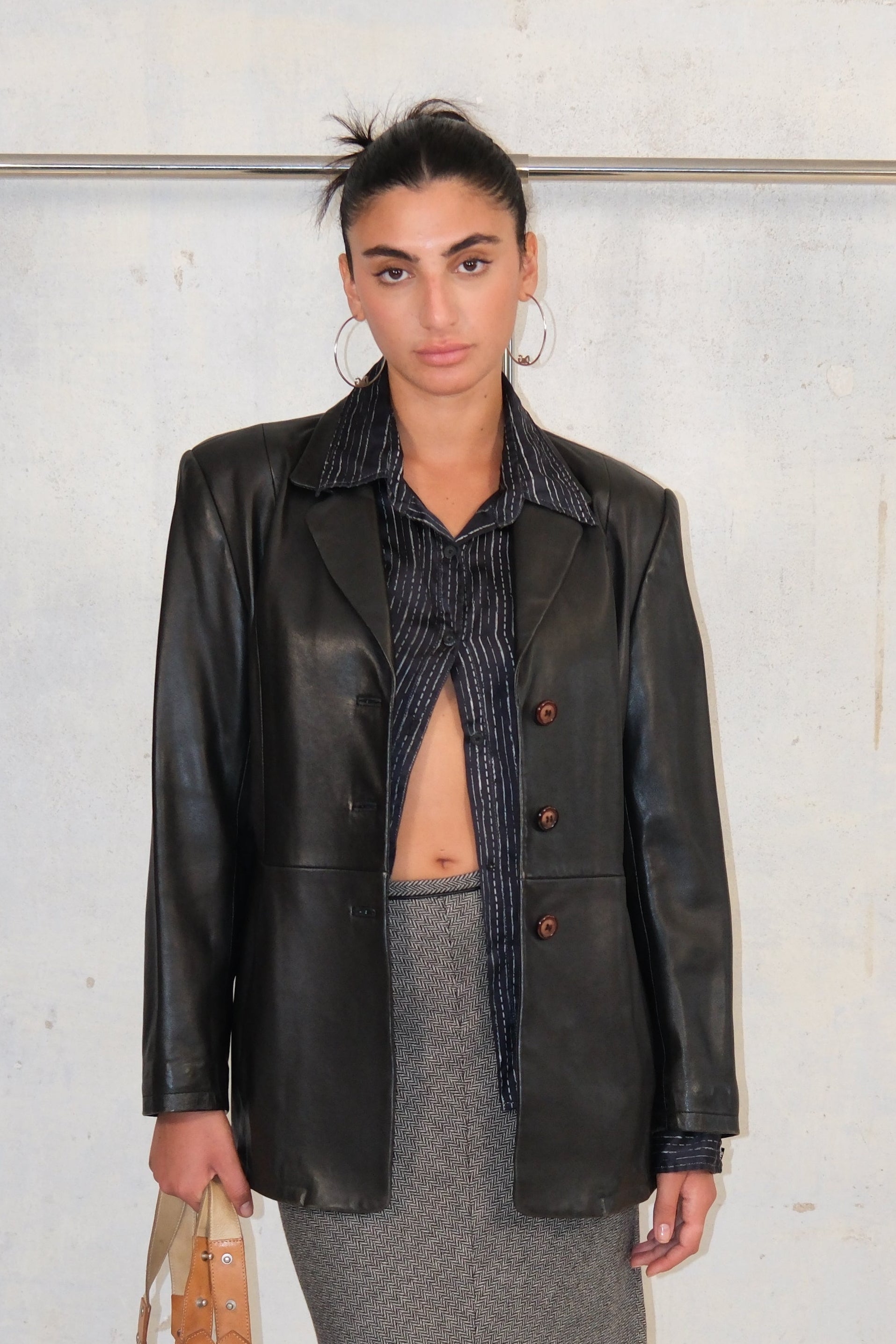 Black Boxy Leather Jackets With Buttons