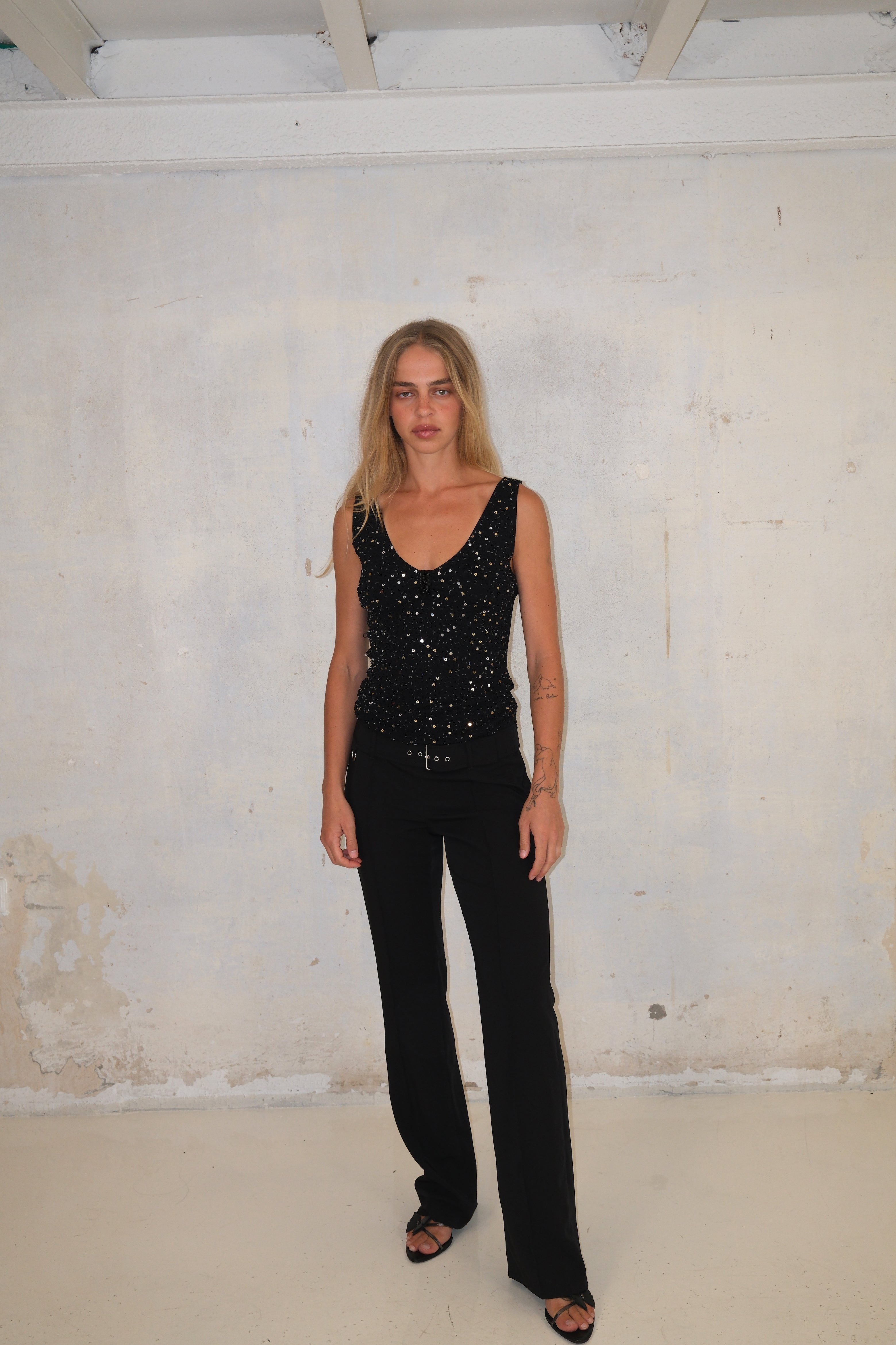 Black Low-Rise Pants With Belt And Buckle Size 37