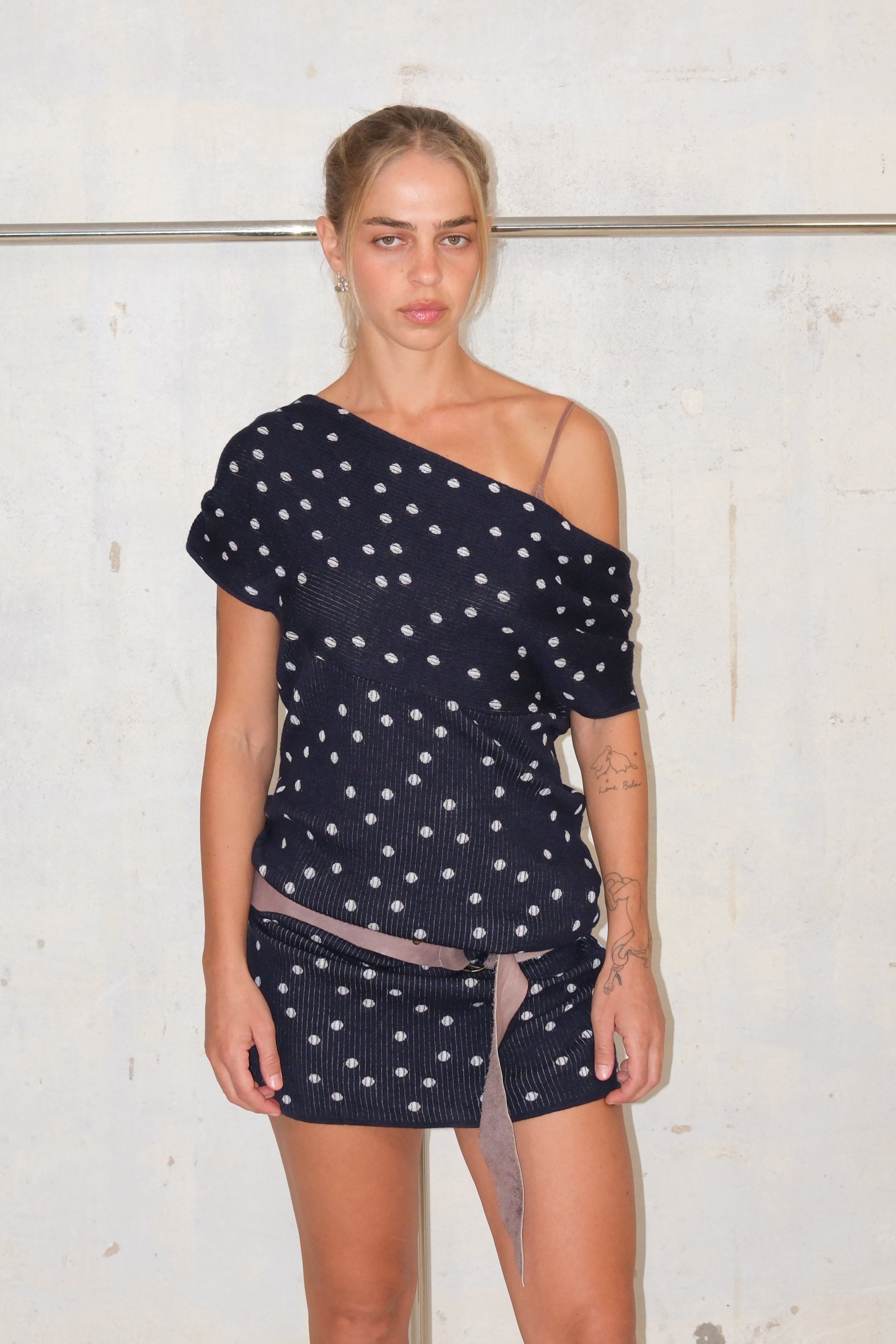 ESCADA BLUE OFF SHOULDER POLKA DOT MIDI DRESS