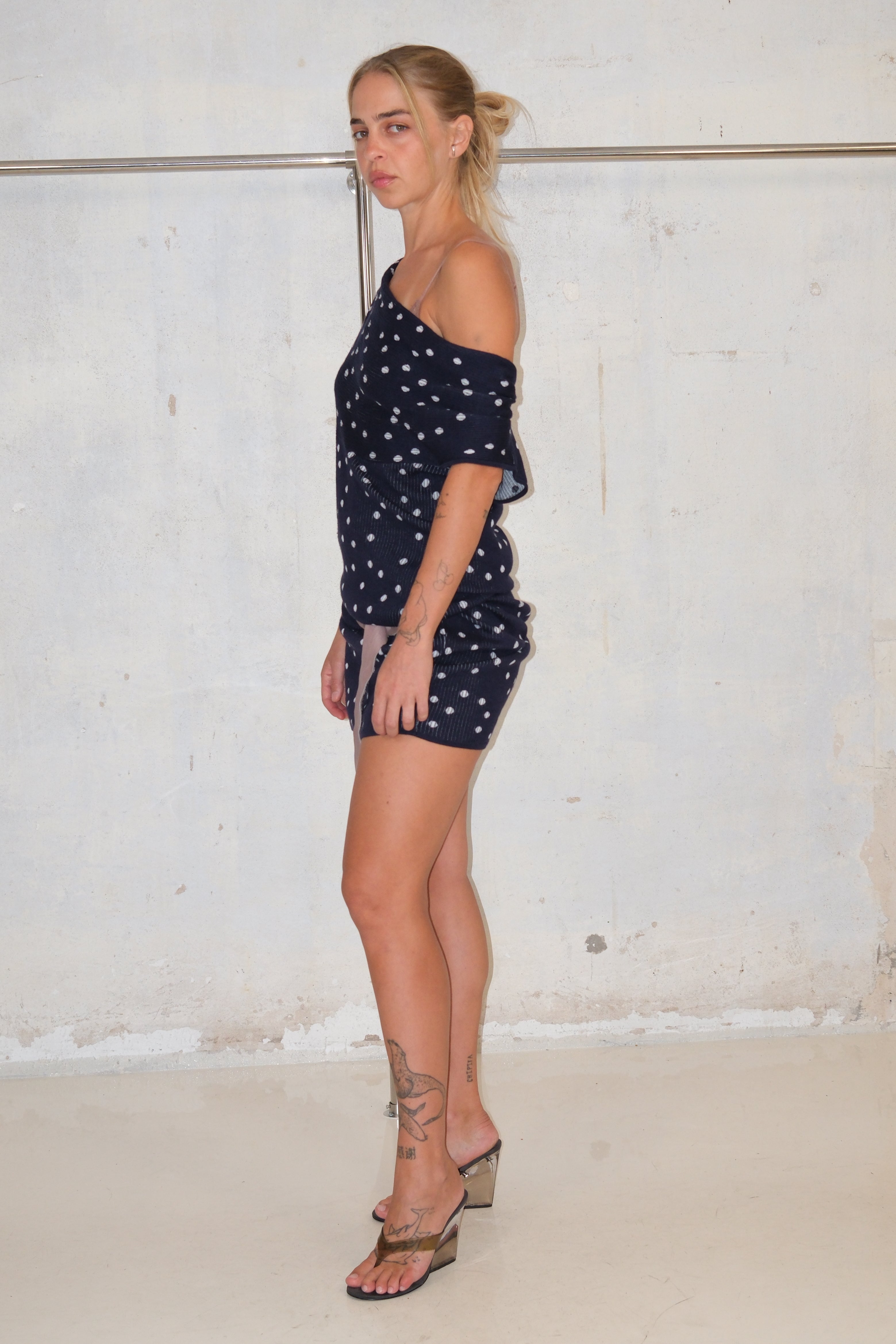 ESCADA BLUE OFF SHOULDER POLKA DOT MIDI DRESS