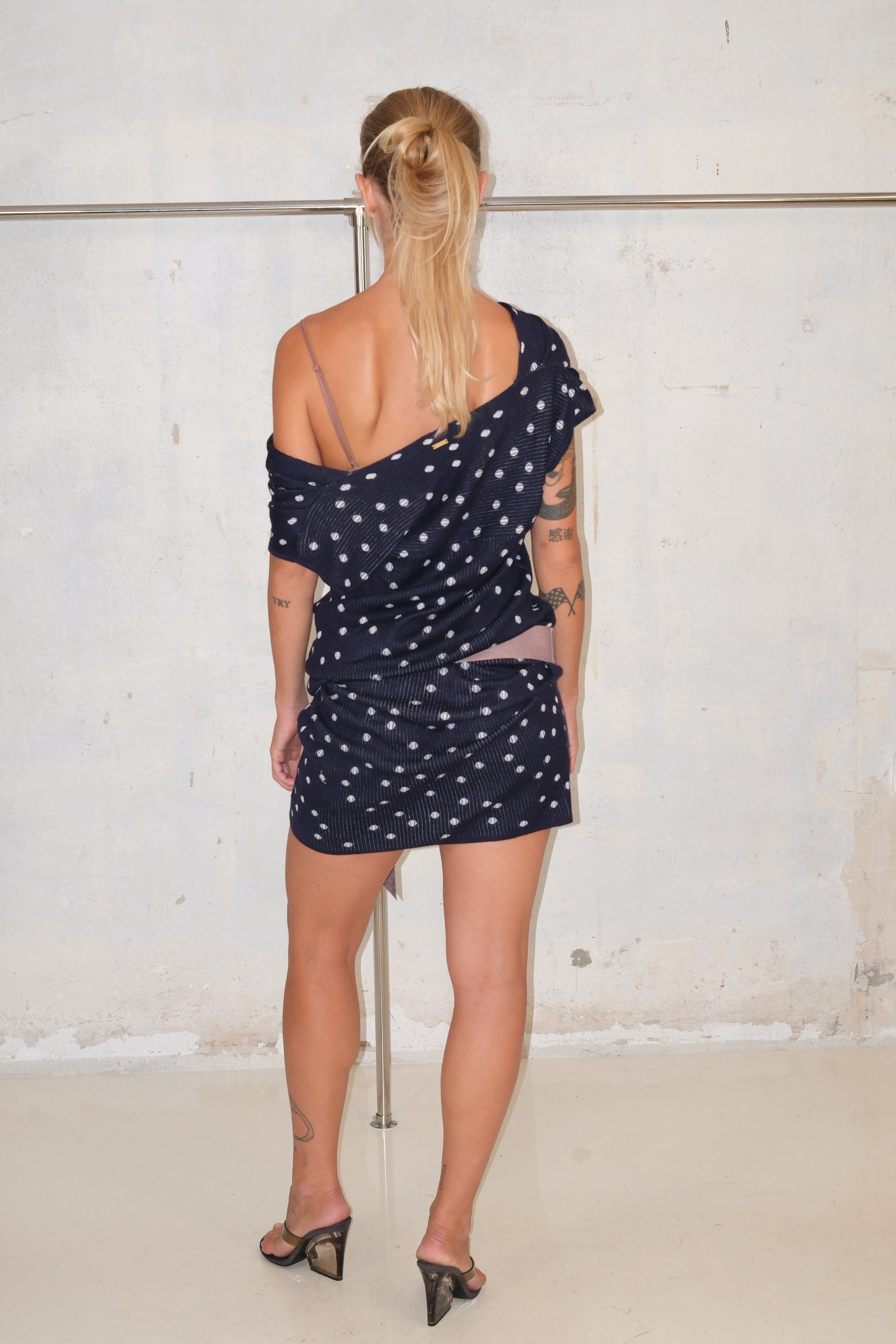 ESCADA BLUE OFF SHOULDER POLKA DOT MIDI DRESS