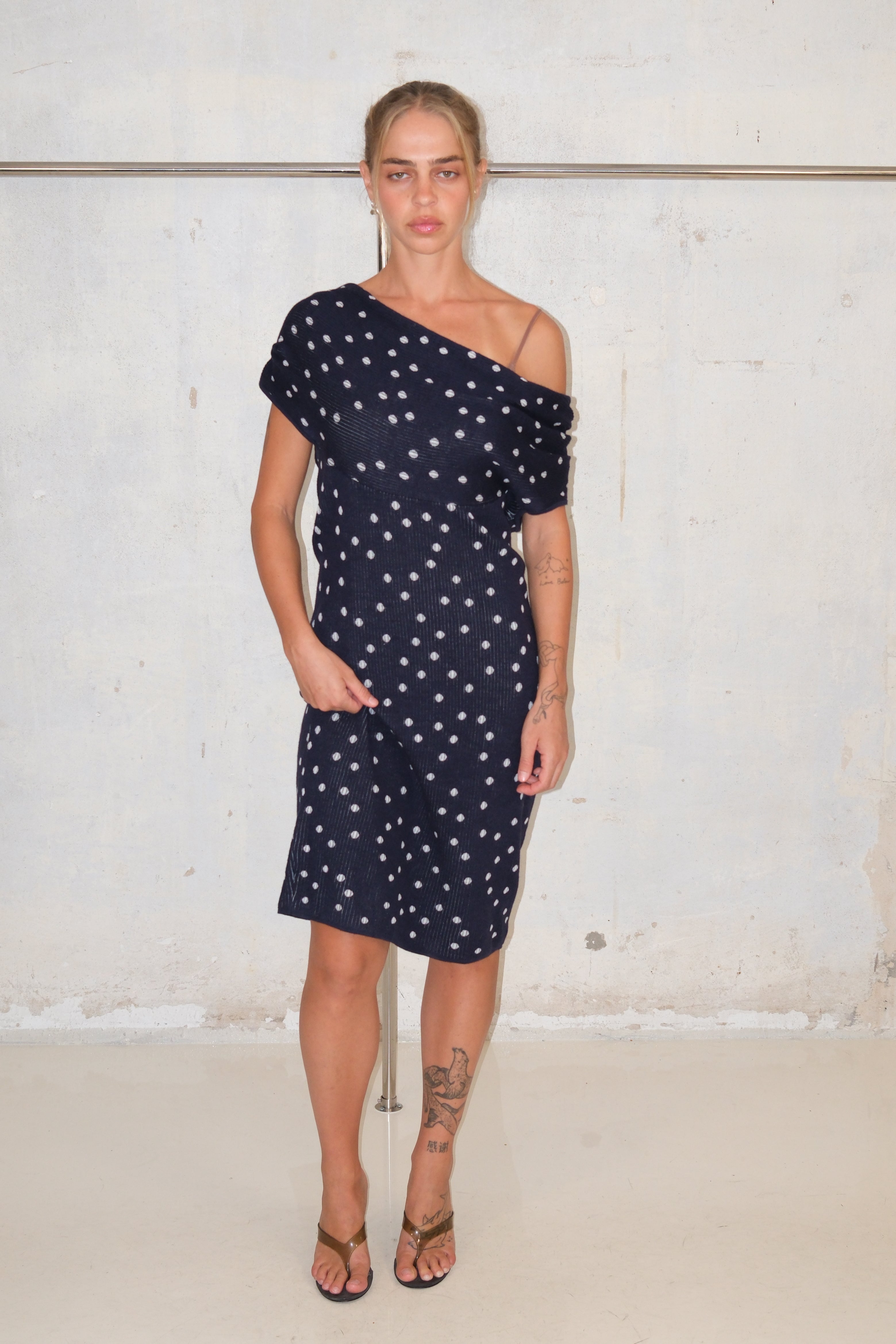 ESCADA BLUE OFF SHOULDER POLKA DOT MIDI DRESS