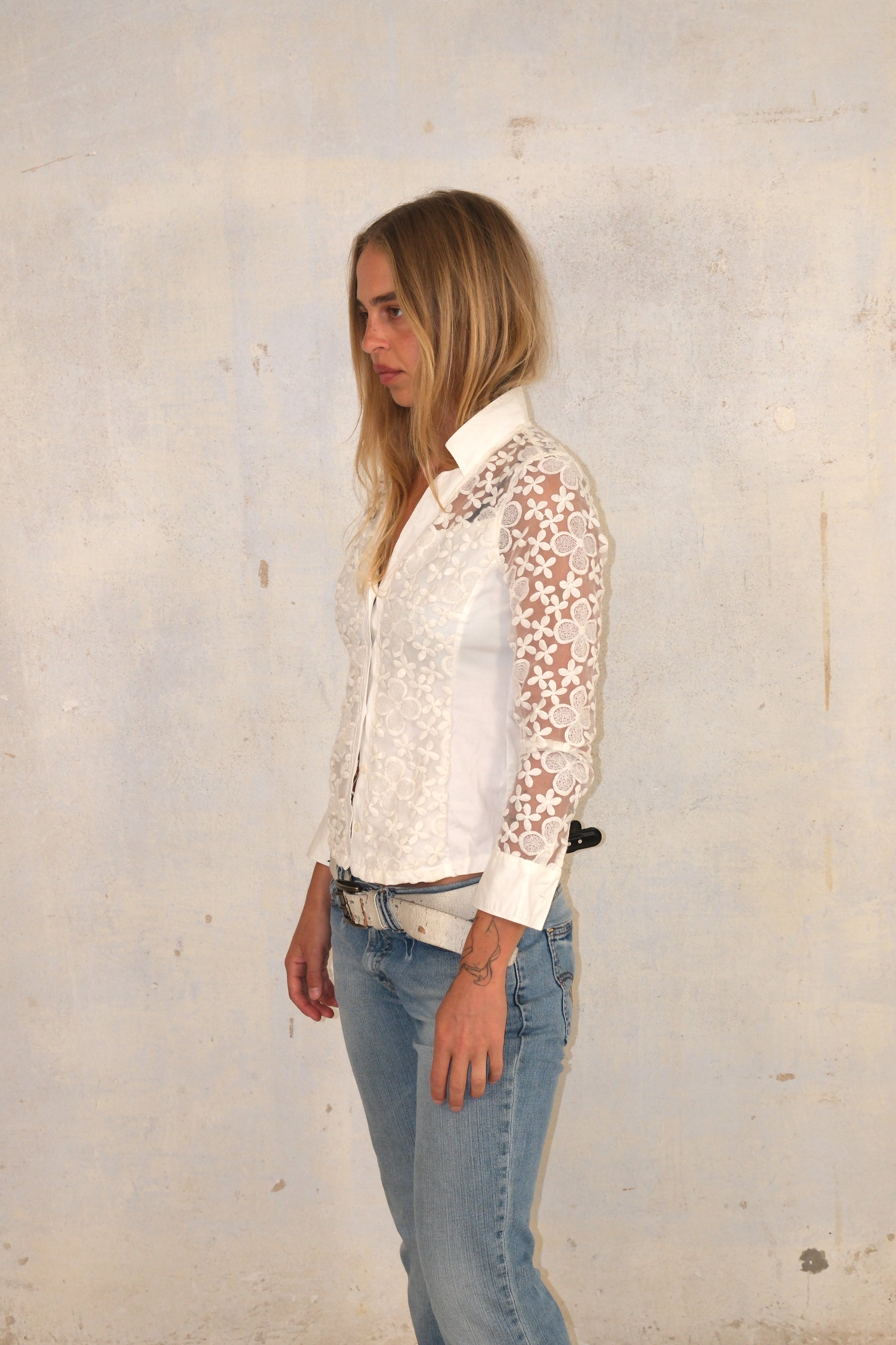 Button-Up Shirt With Sheer Sleeves And Print