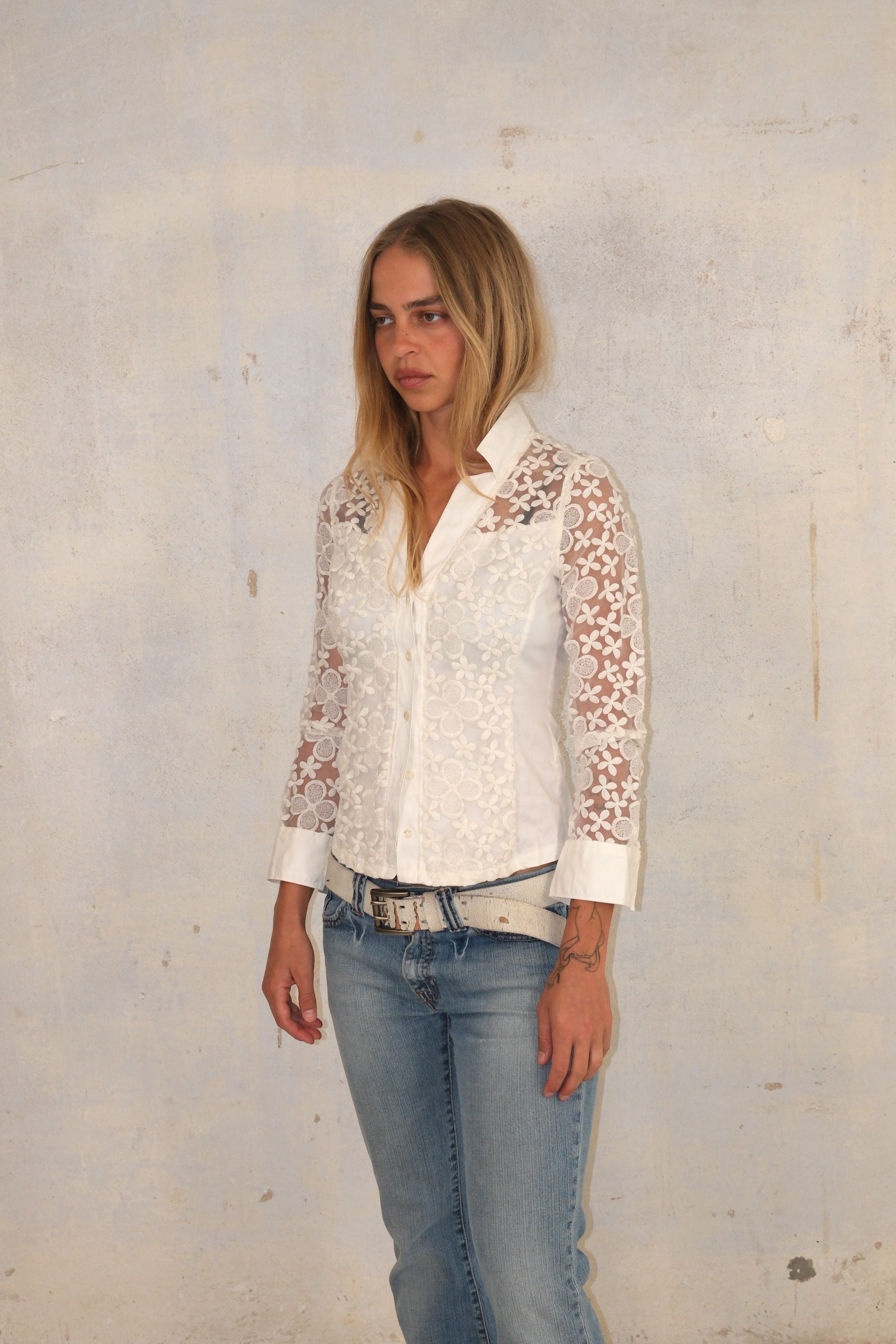 Button-Up Shirt With Sheer Sleeves And Print