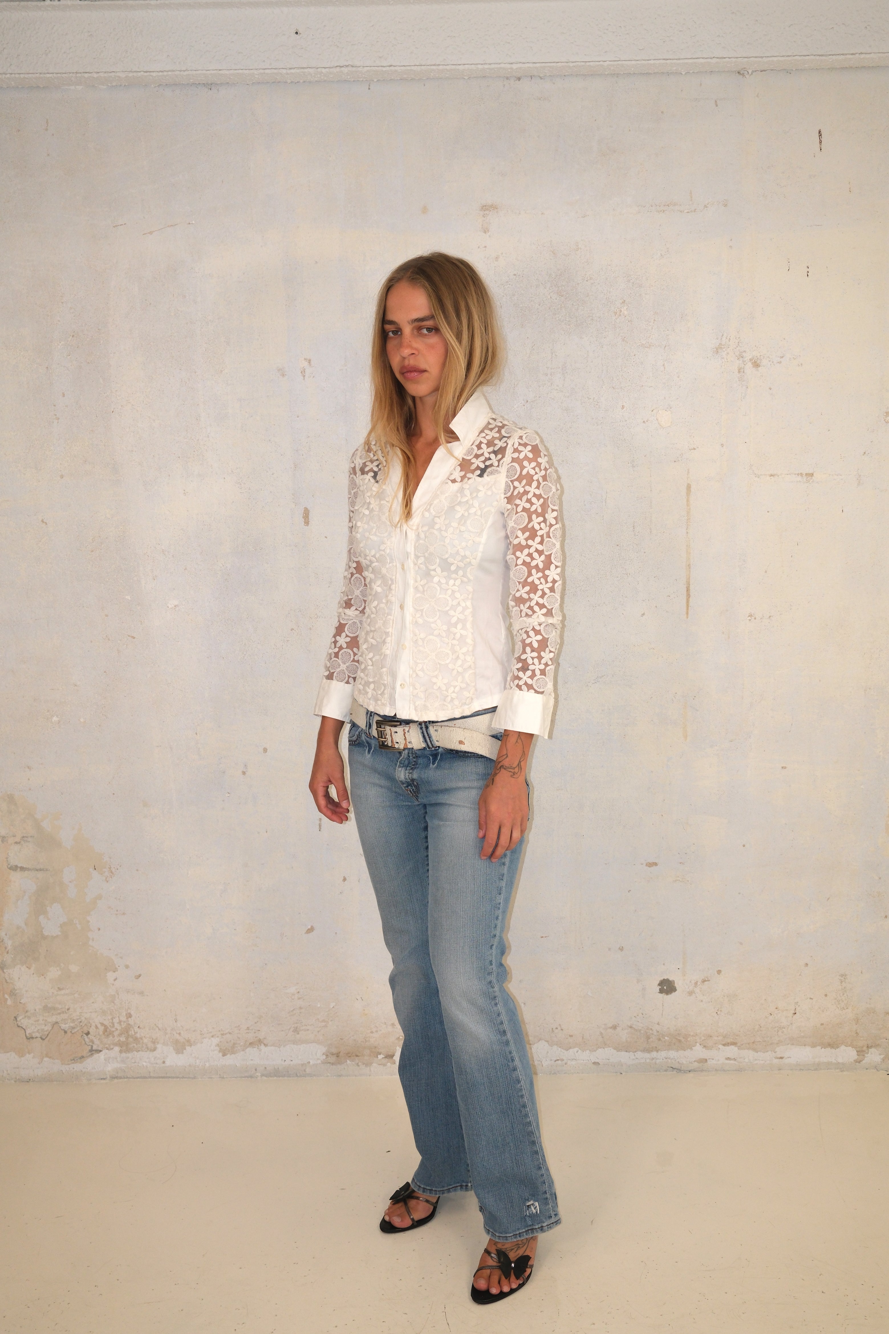 Button-Up Shirt With Sheer Sleeves And Print