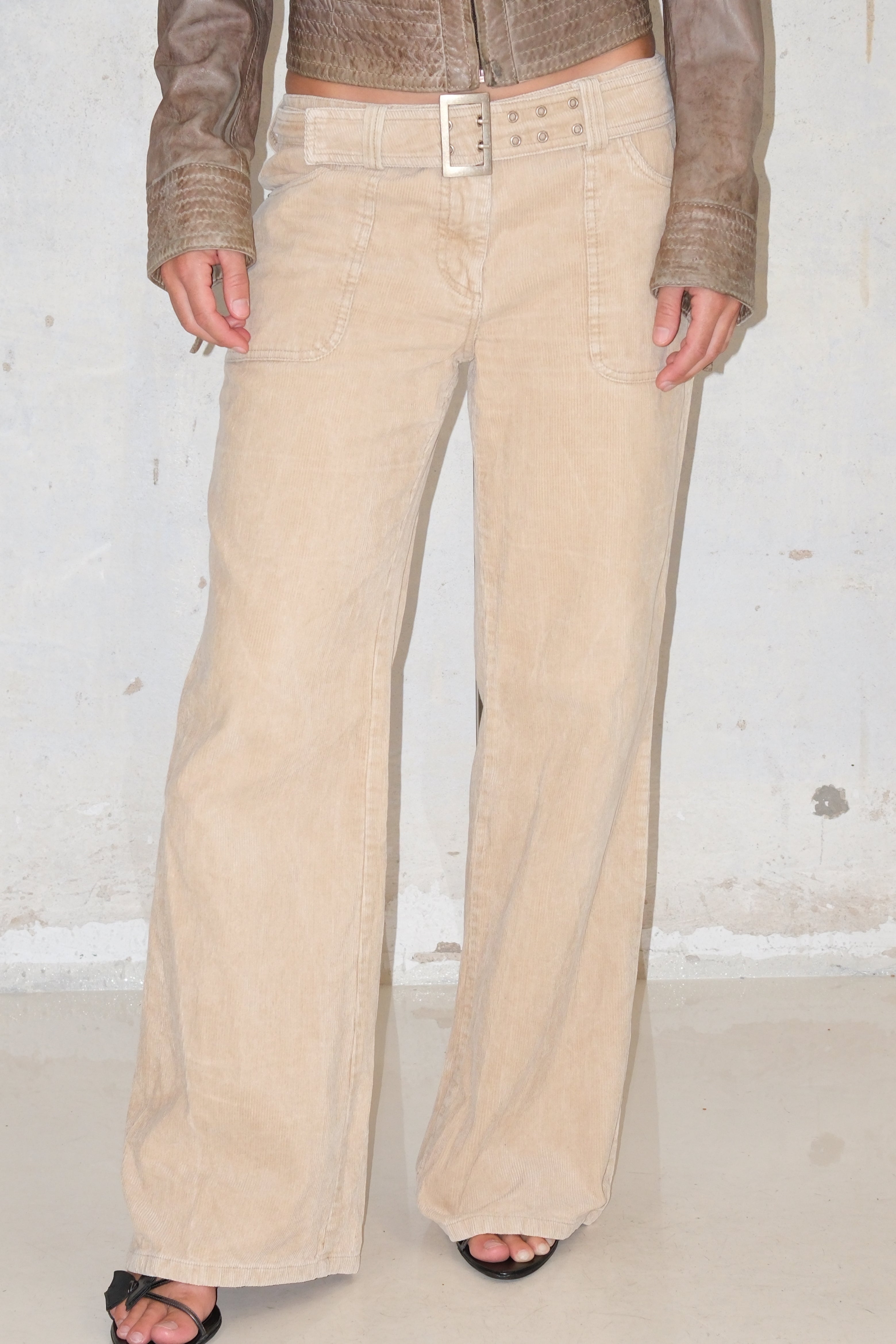 Sand Wide-Leg Corduroy Pants With Belt Size 38