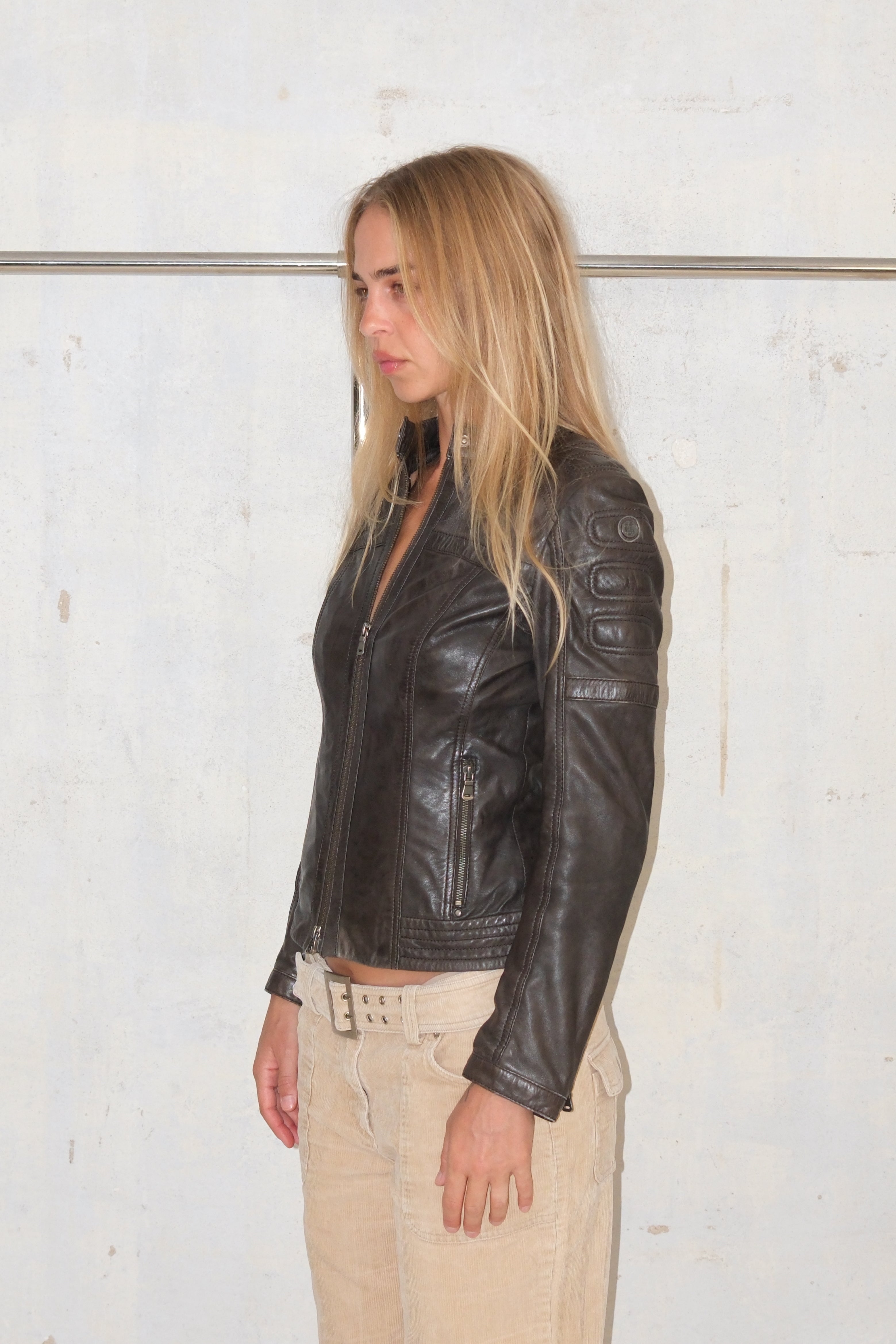 Fitted Black Sport Leather Jacket With Front Zipper And Details