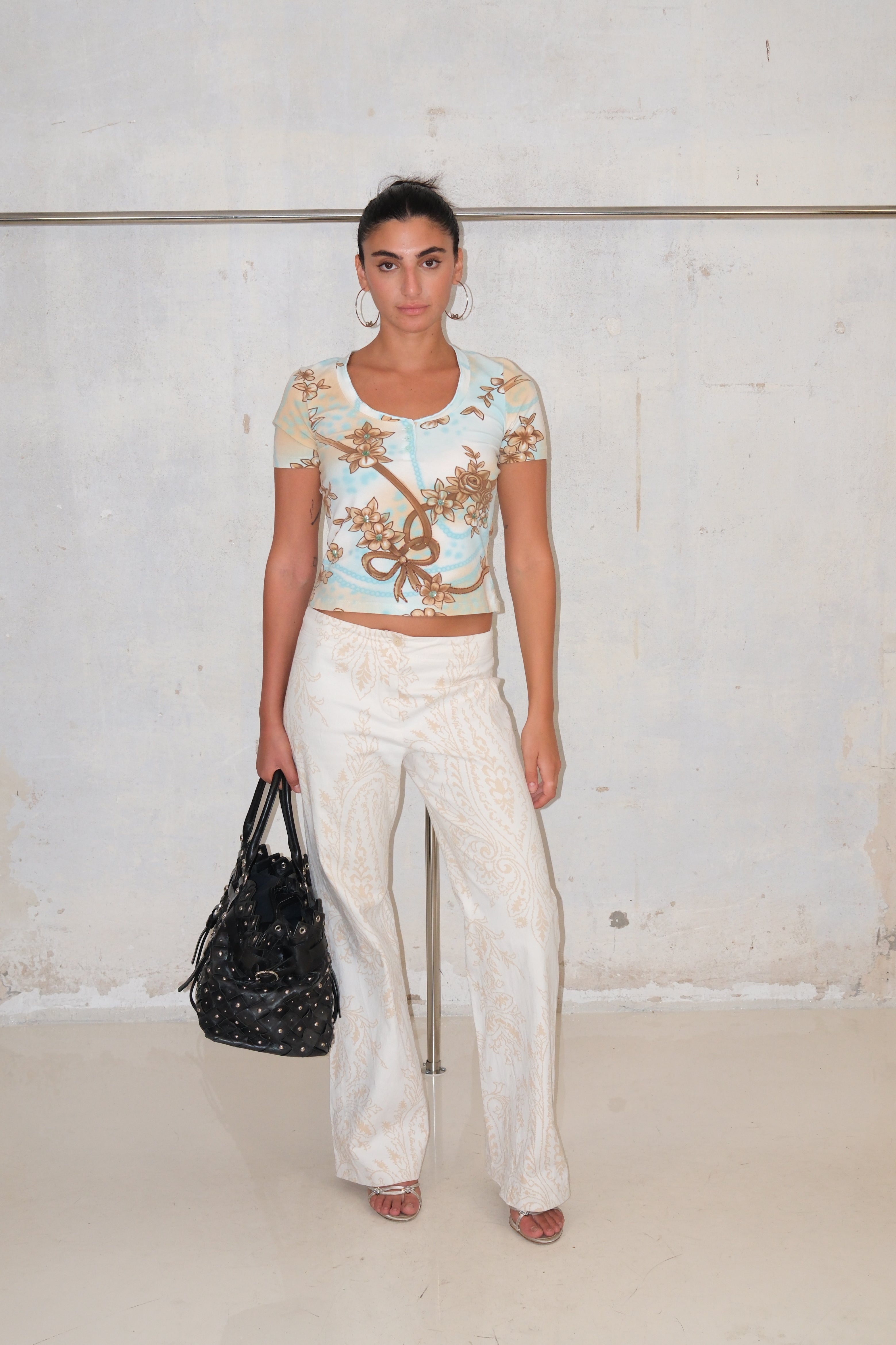White Flared Pants With Beige Boho Print Size 38