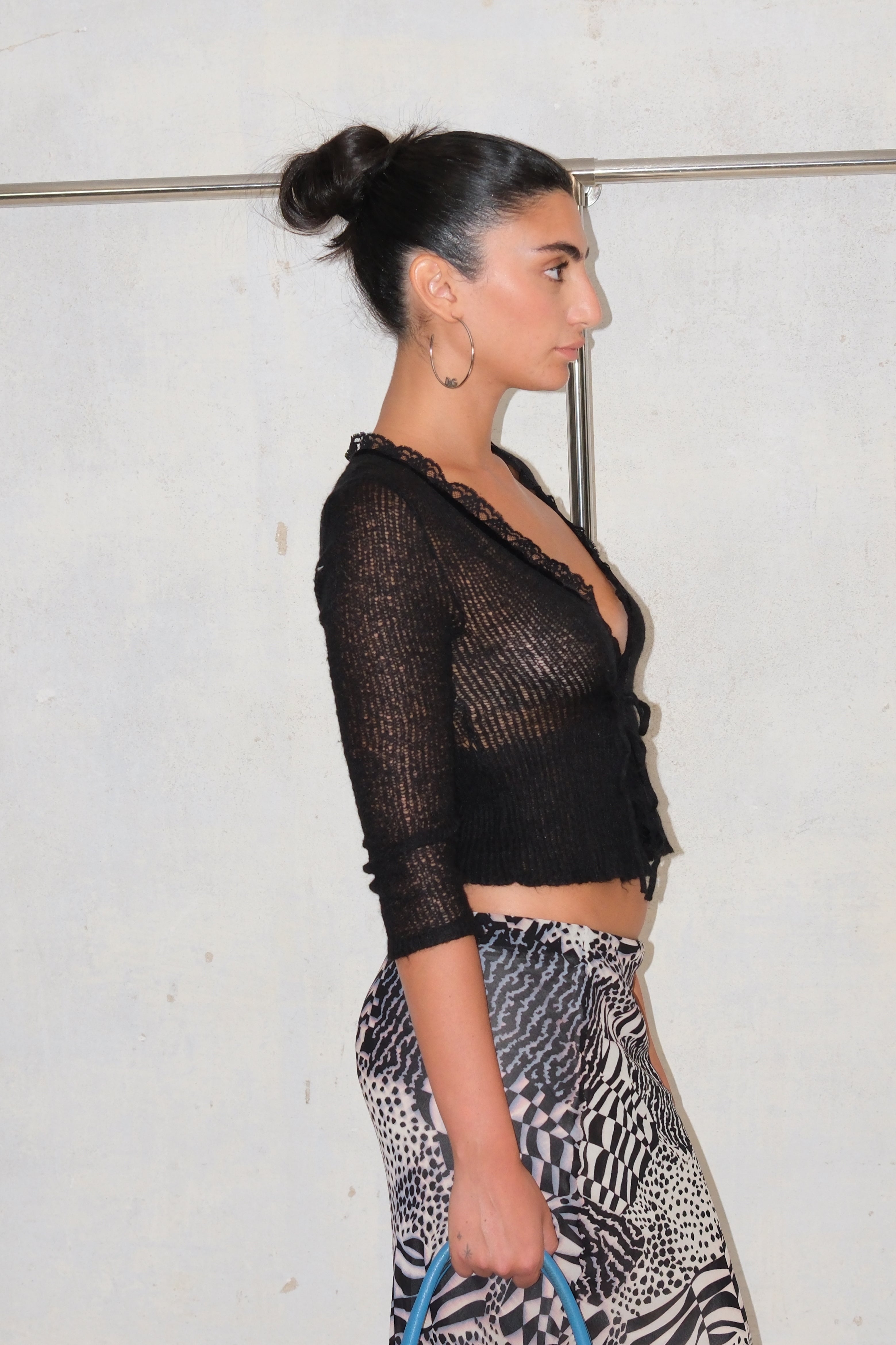 Black Knit Cardigan With Tie And Lace Detail