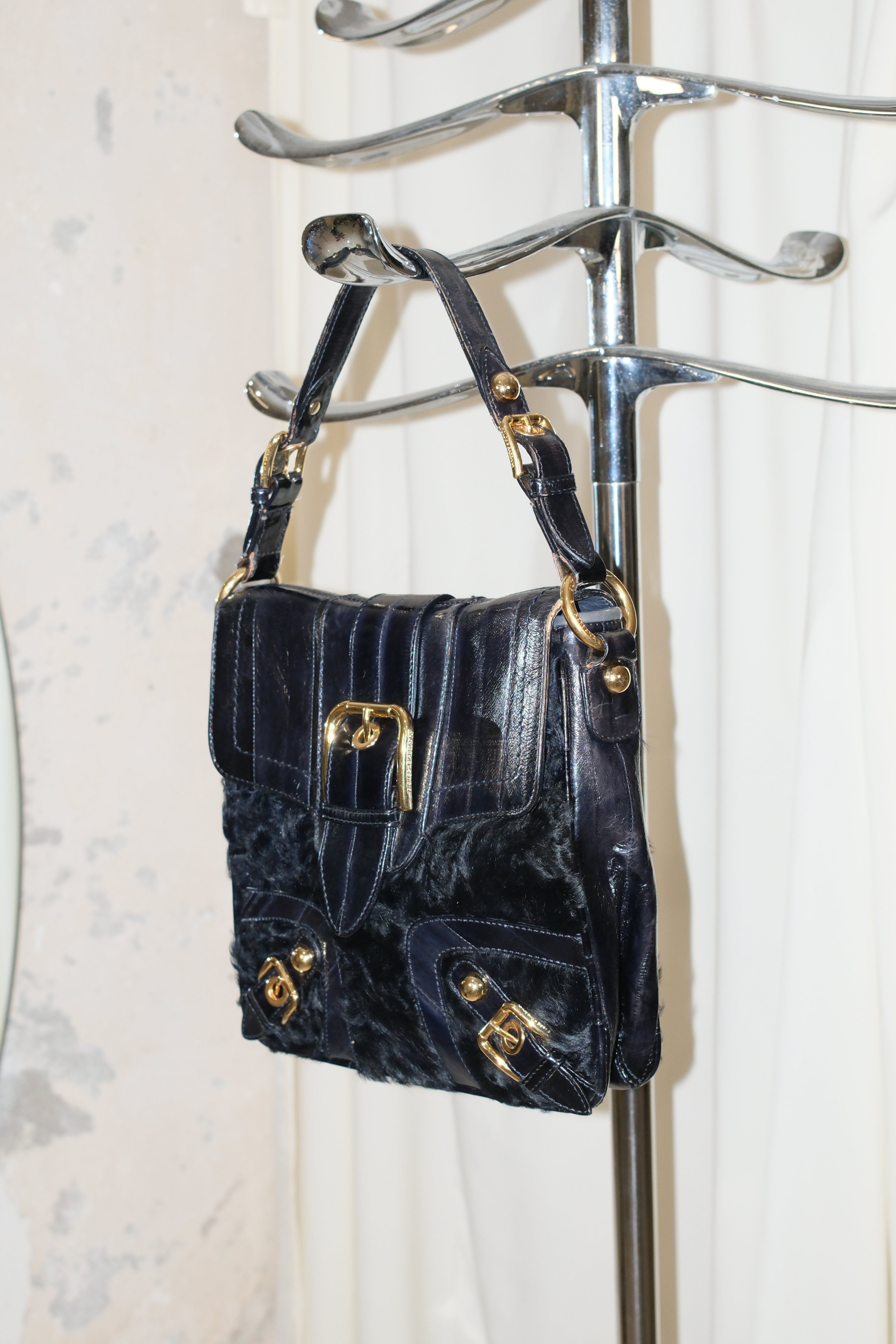 2004 DOLCE GABBANA LEATHER AND FUR SHOULDER BAG