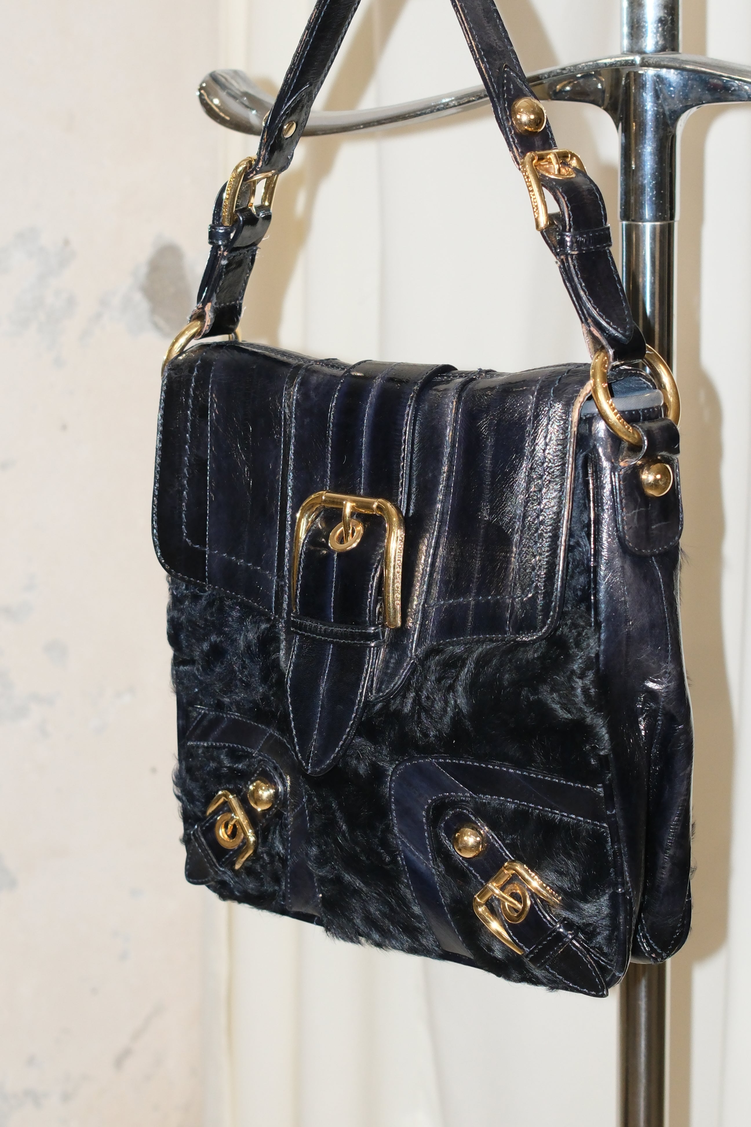2004 DOLCE GABBANA LEATHER AND FUR SHOULDER BAG