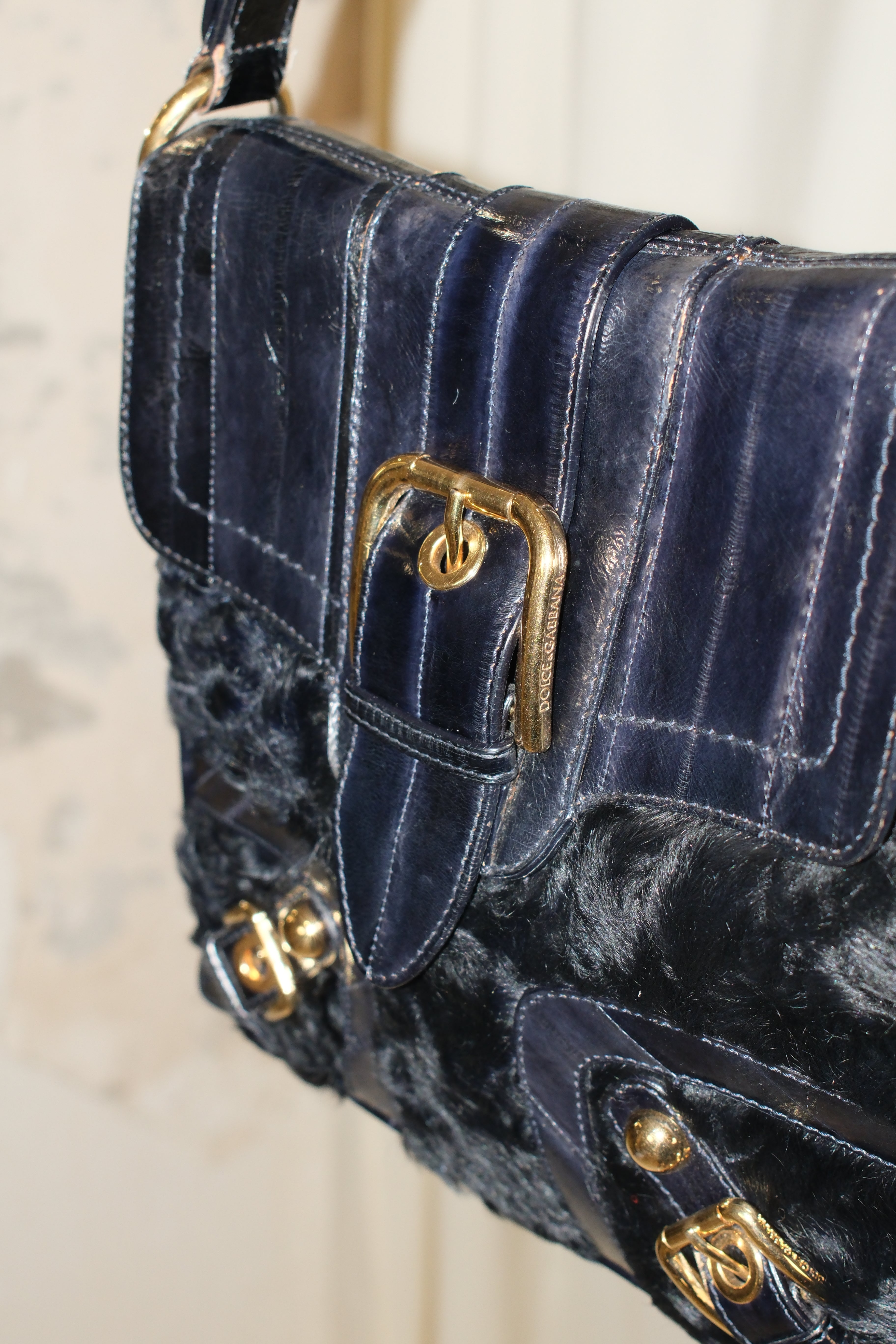 2004 DOLCE GABBANA LEATHER AND FUR SHOULDER BAG