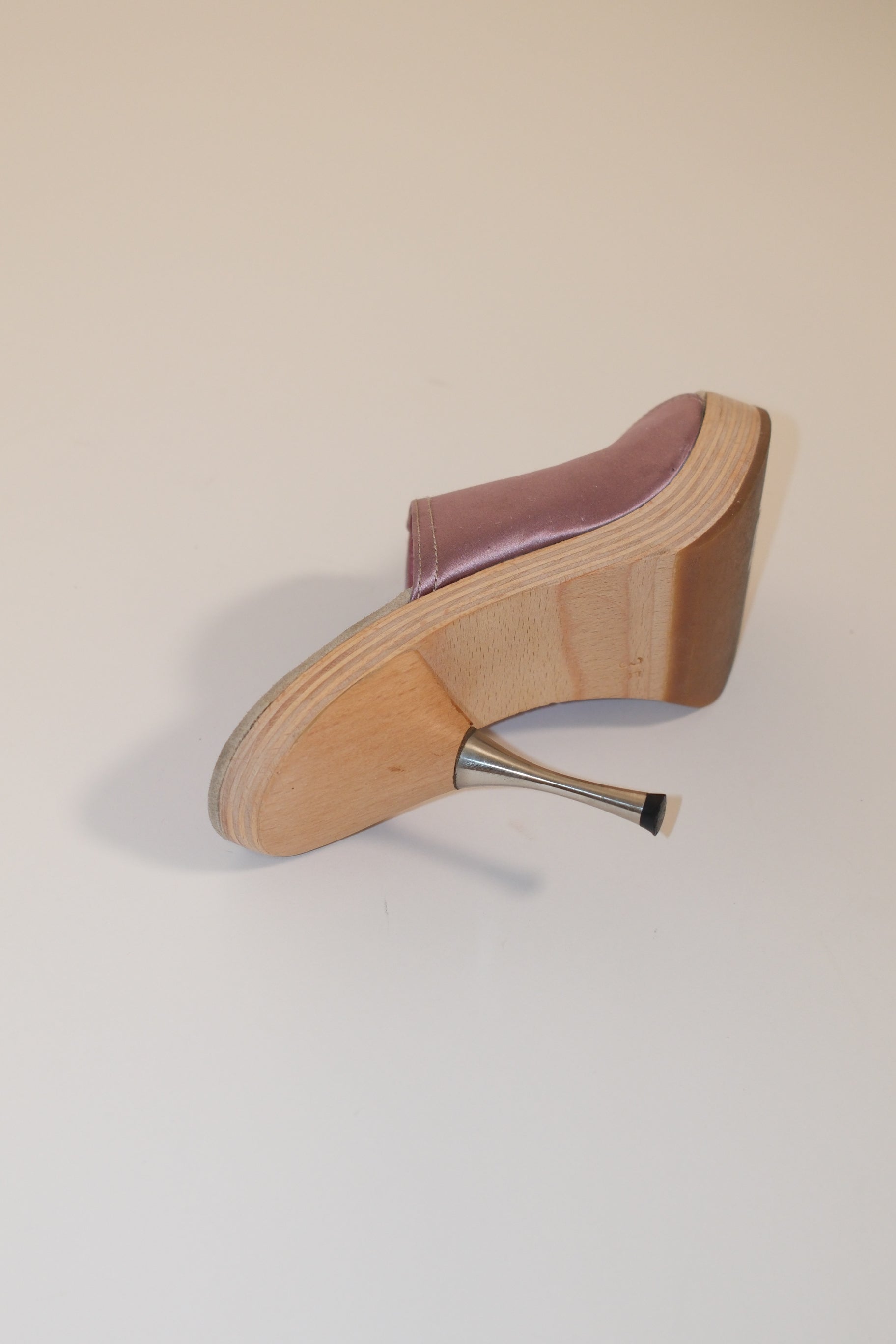 Prada Coquette wooden open mule in pink satin