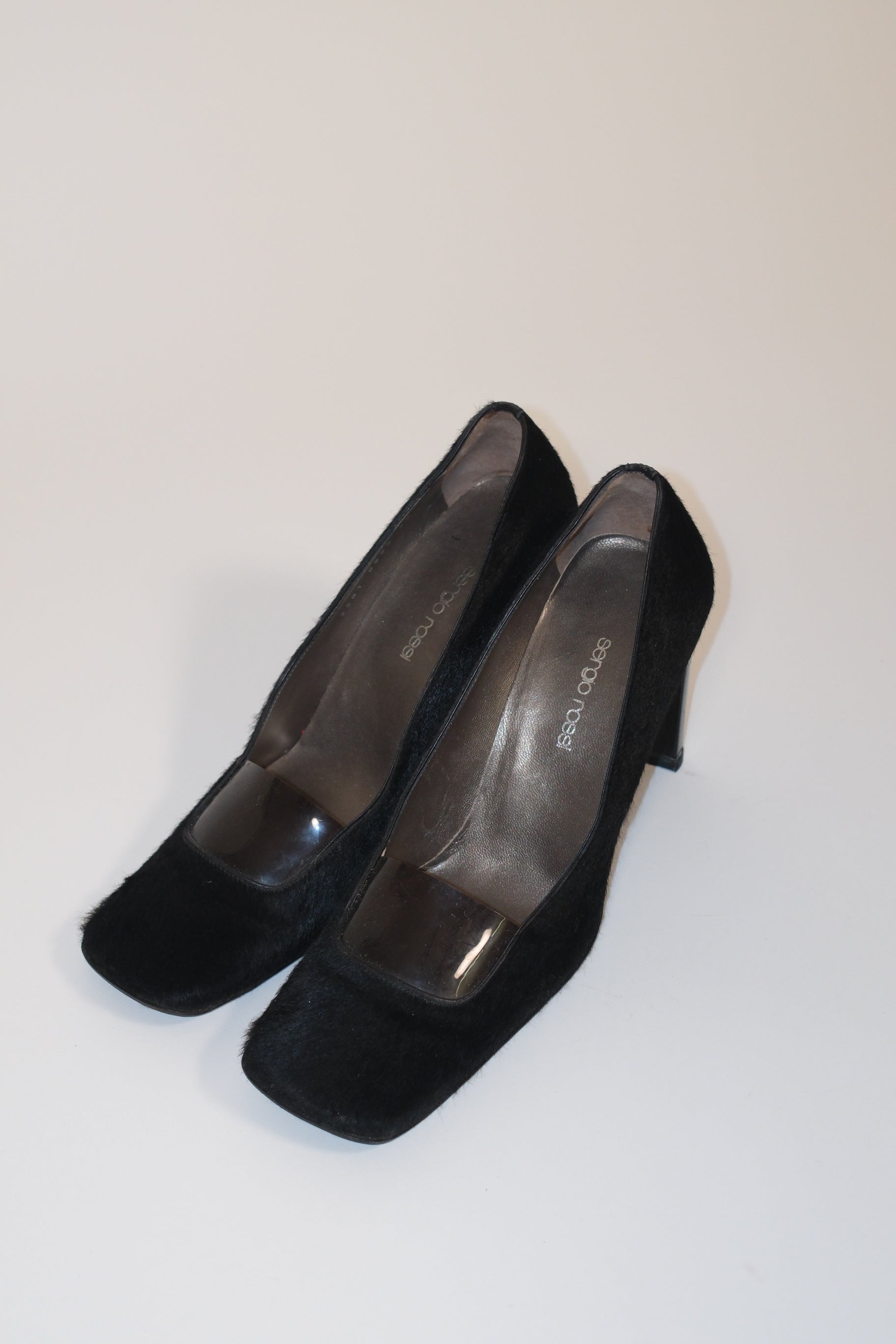 Sergio Rossi furry leather square toe pumps
