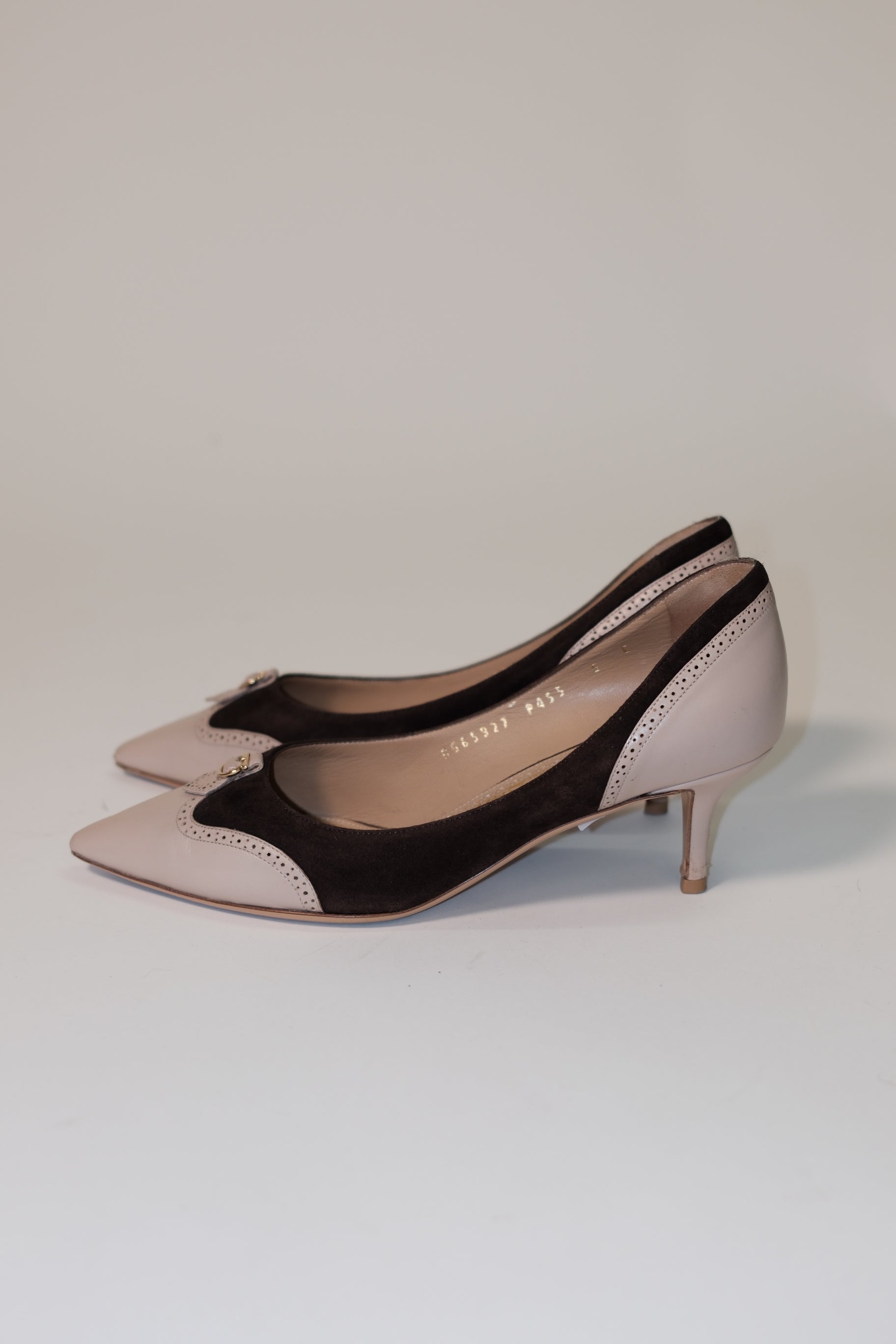 Ferragamo kitten heels in blush leather and dark brown suede