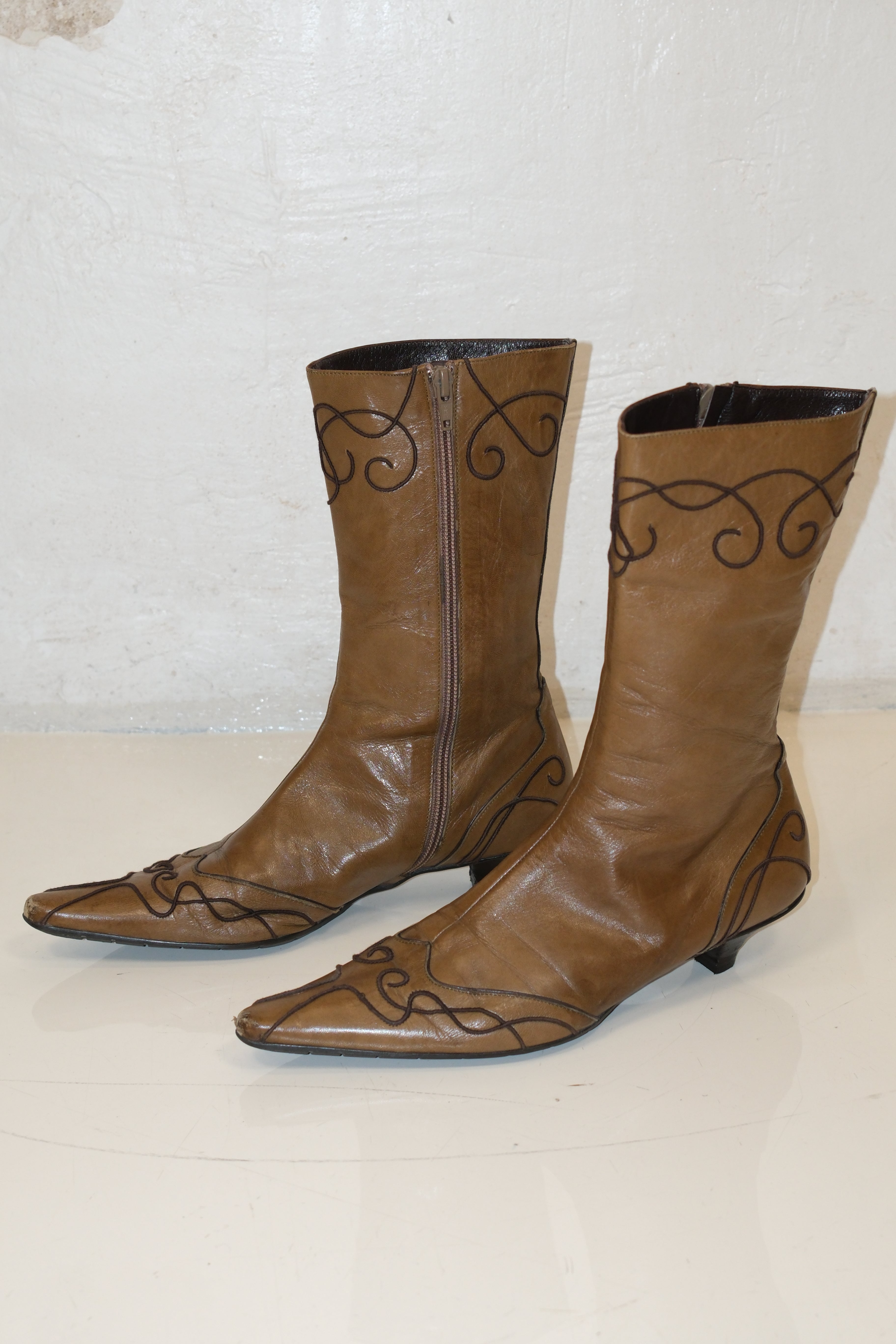 Italian Caramel Leather Ankle Kitten Heel Boots with Decorative Details Size 36.5