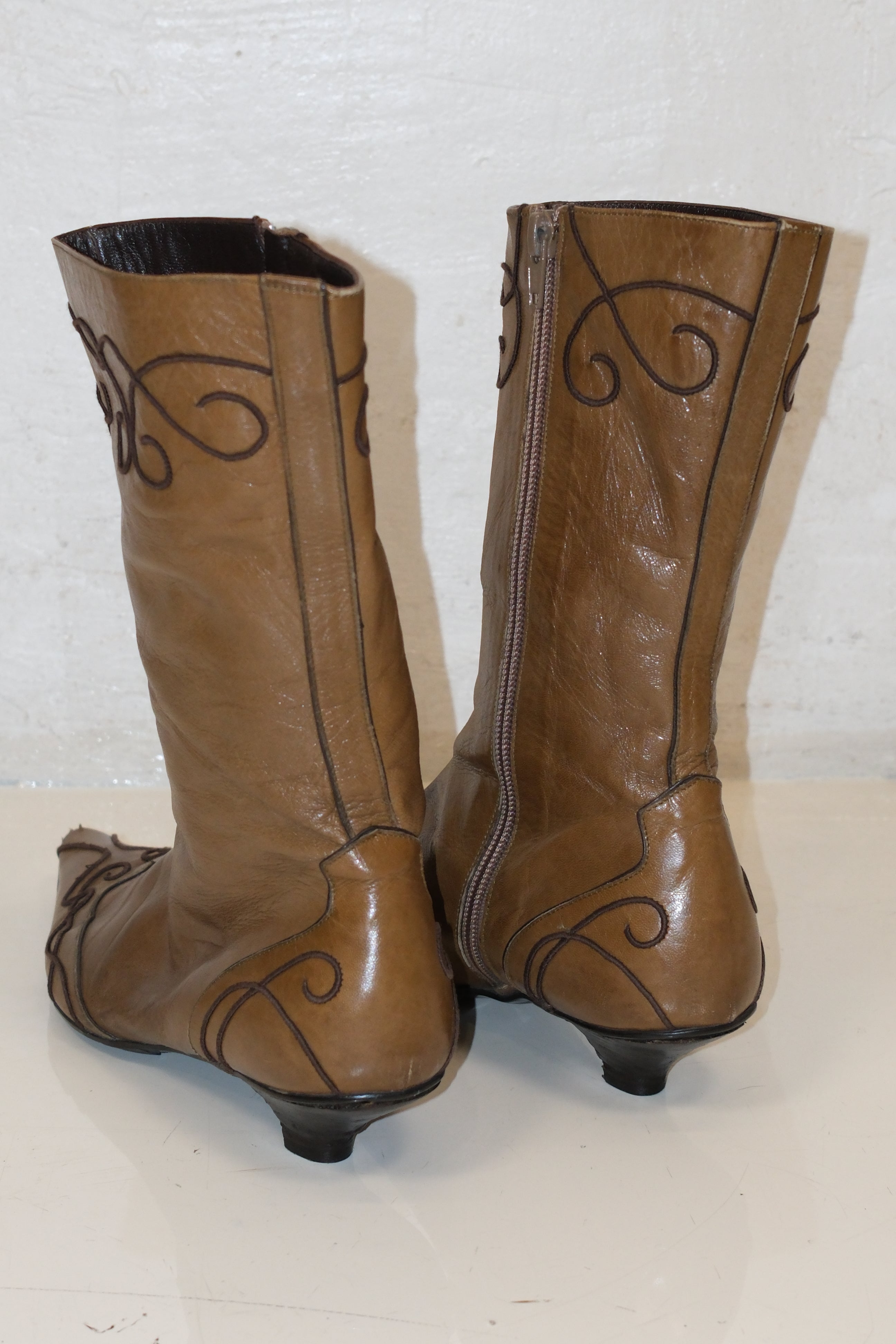 Italian Caramel Leather Ankle Kitten Heel Boots with Decorative Details Size 36.5