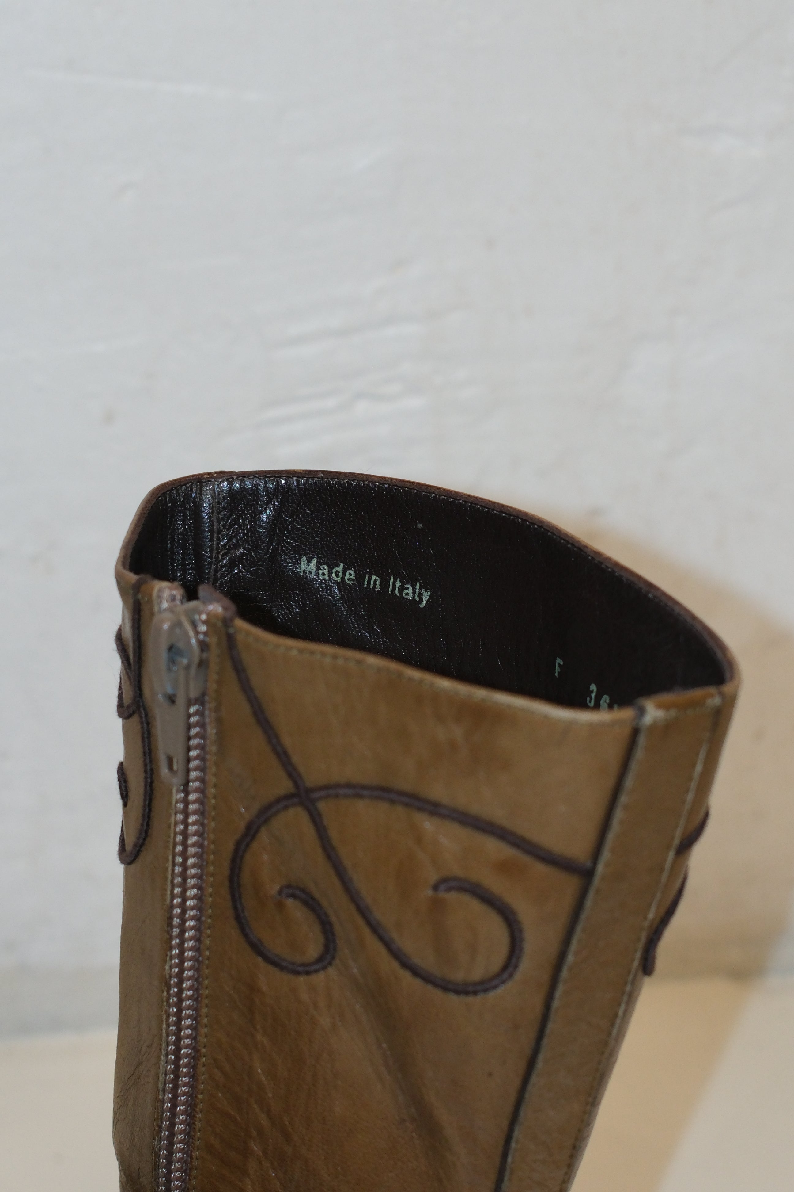 Italian Caramel Leather Ankle Kitten Heel Boots with Decorative Details Size 36.5