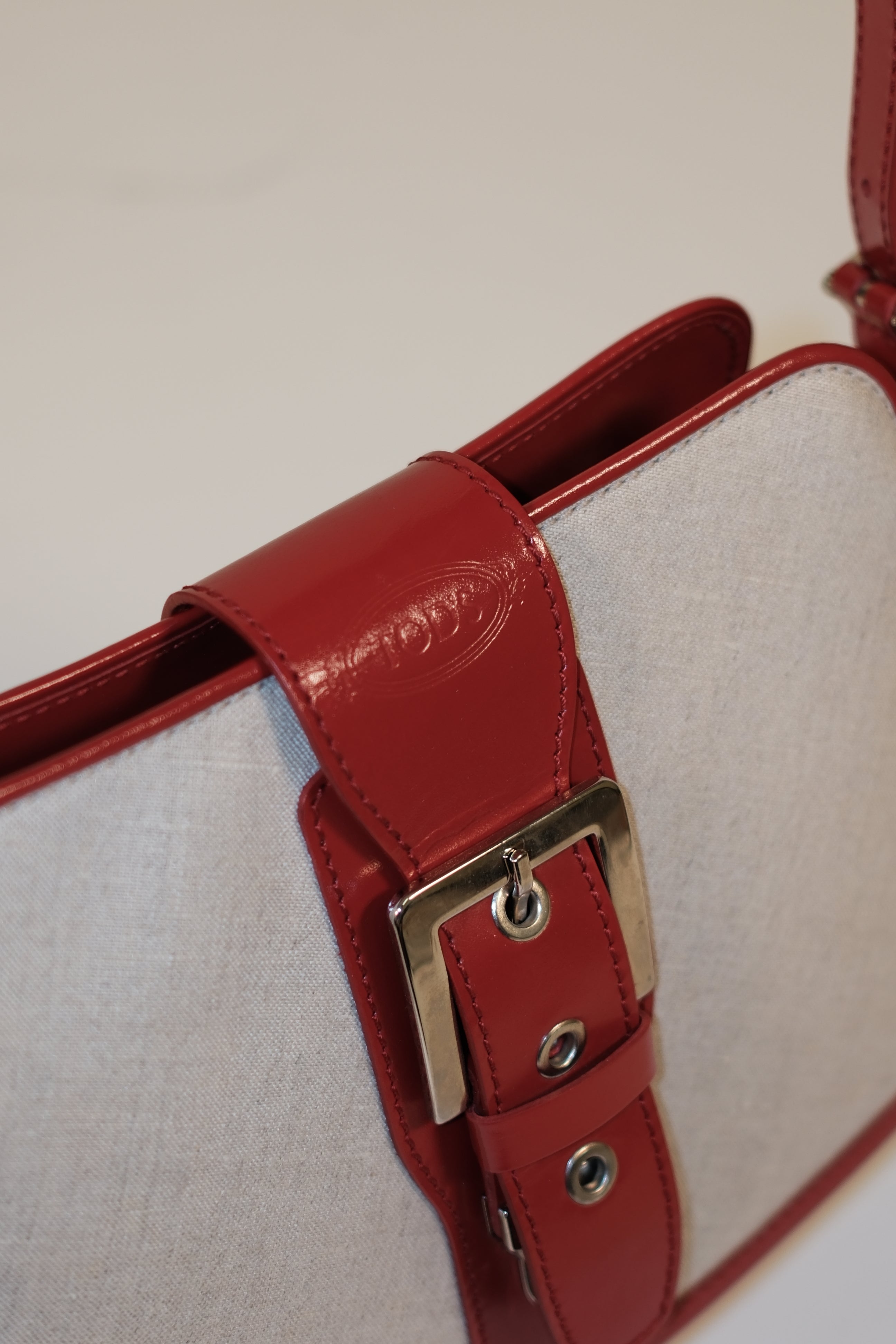 TOD'S canvas and red leather shoulder bag