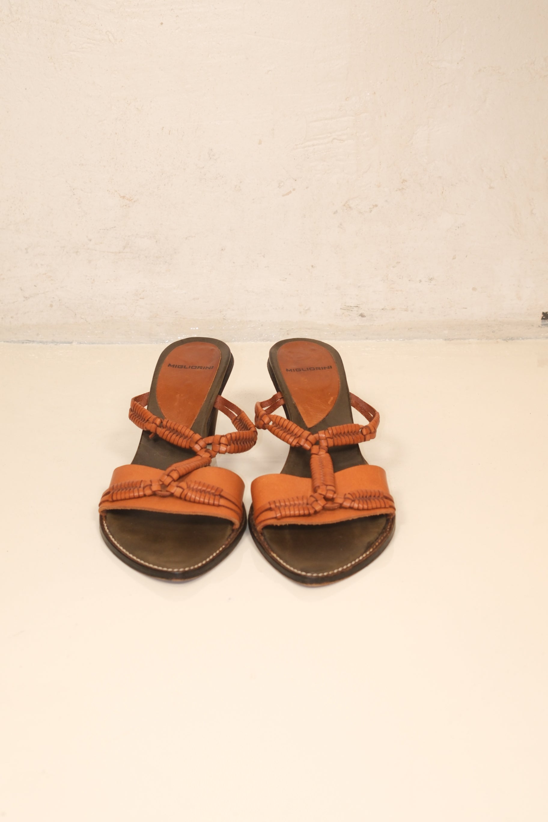 Migliorini honey brown vintage leather heeled sandals with woven straps